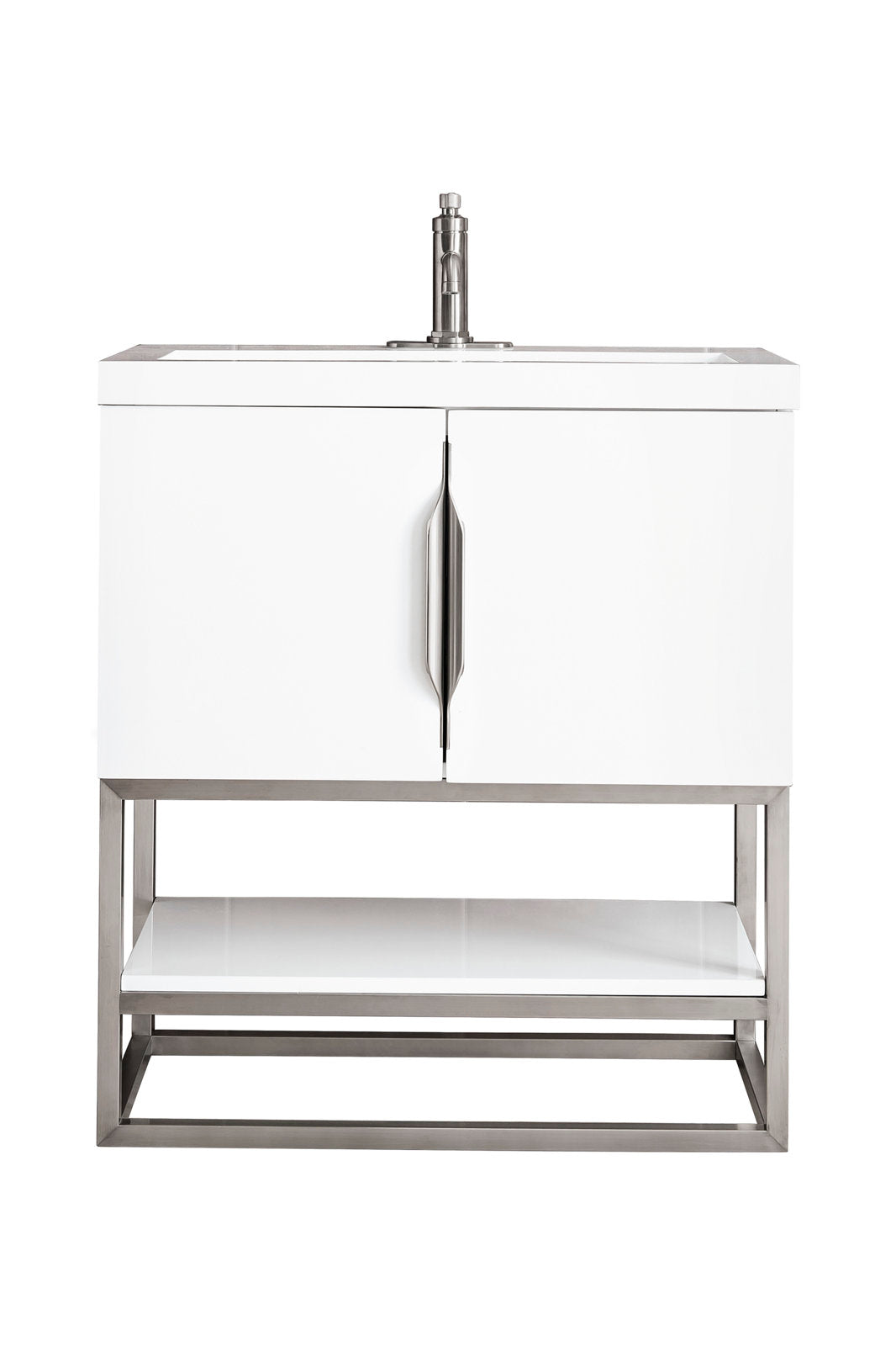 Contemporary white single-sink bathroom vanity with stone top and solid wood cabinet, central stainless pull handle, raised metal frame and open lower shelf for storage.