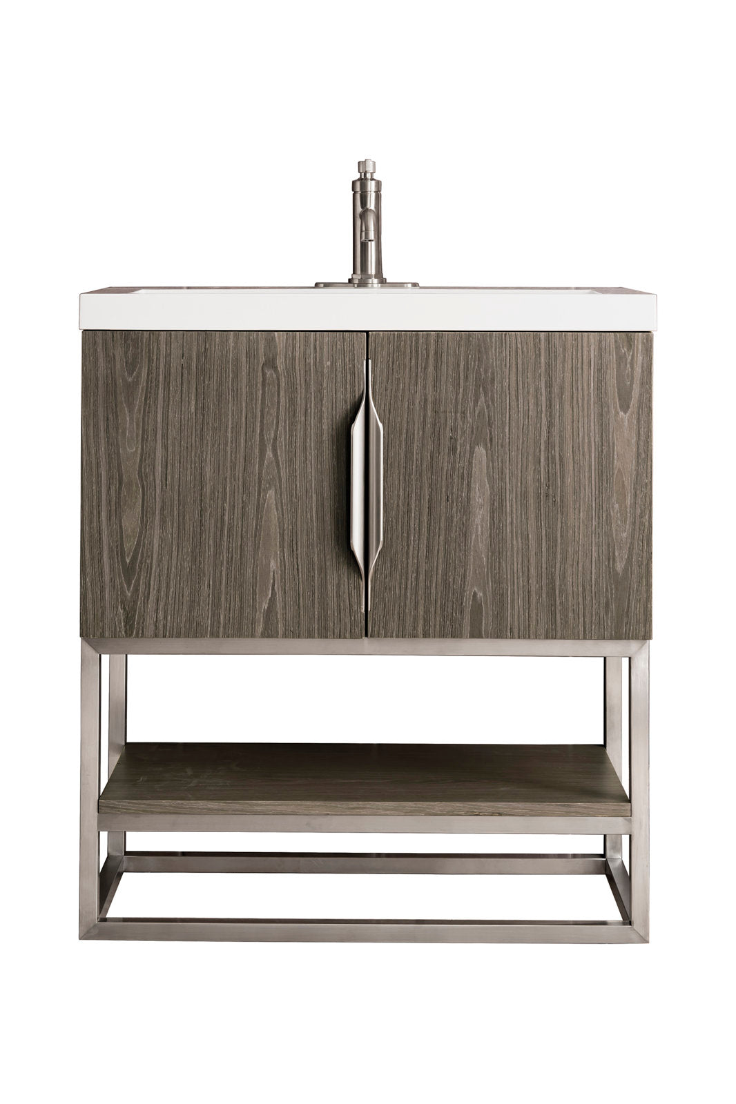 Modern freestanding bathroom vanity with a white stone countertop, stone-colored solid wood cabinet with vertical grain, a central brushed-nickel pull, and an open metal-frame shelf base.