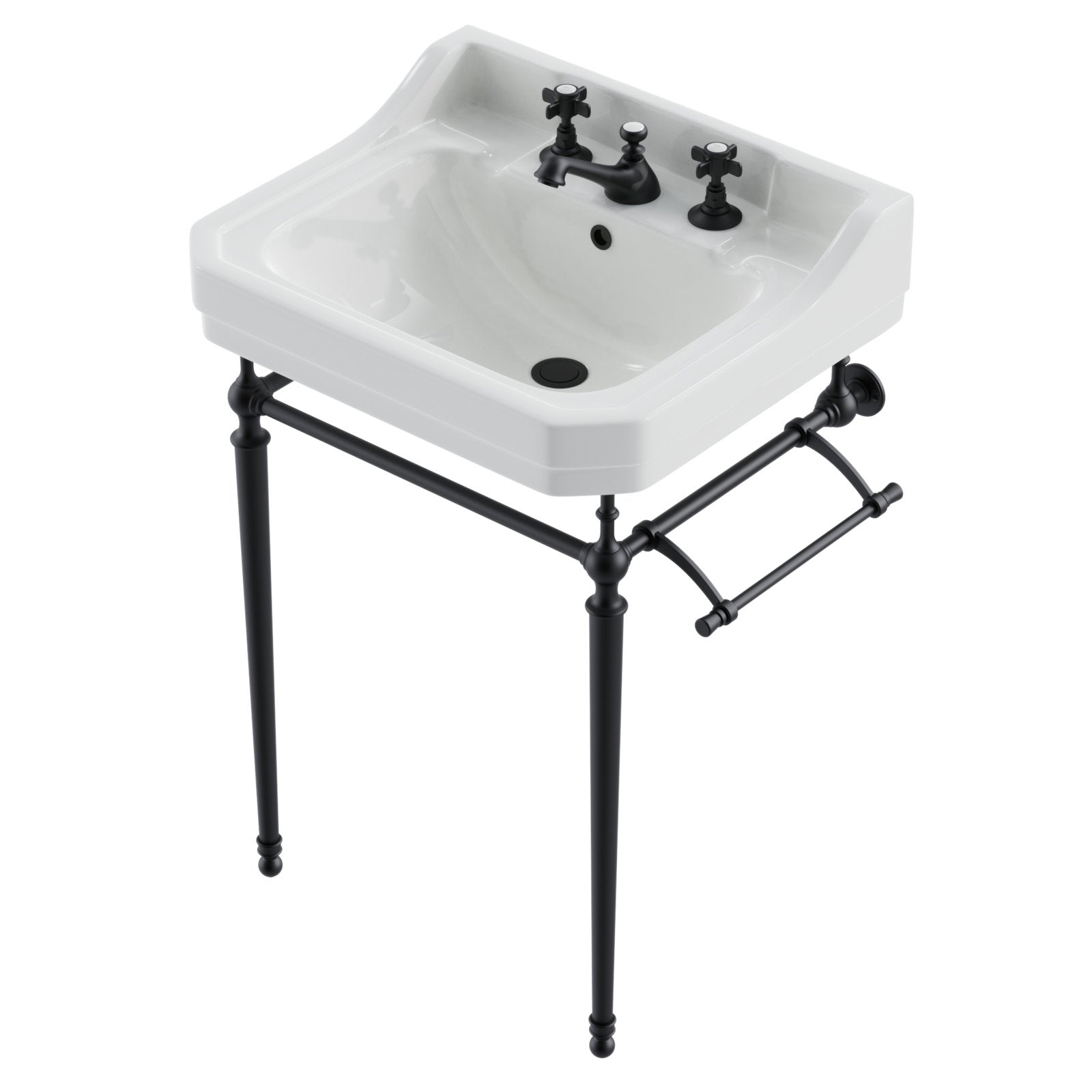 White ceramic single sink with a stone-colored top mounted on matte black metal console legs, matching black cross-handle faucet and integrated towel bar — modern freestanding bathroom vanity with open-leg design.