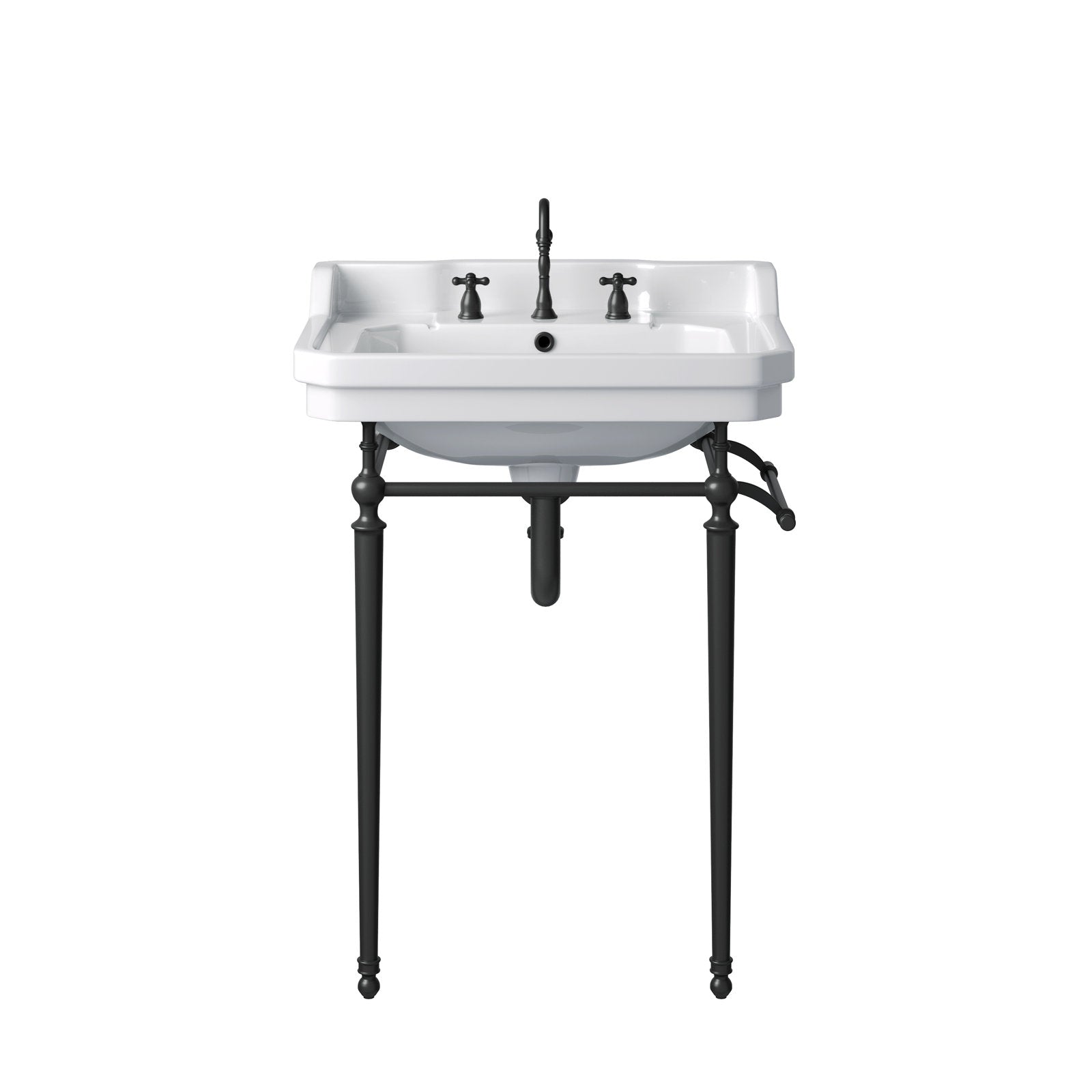 Front view of a white ceramic single-console bathroom sink with matte black metal legs and matching black faucet and cross handles, freestanding modern vanity with exposed trap and support bars.