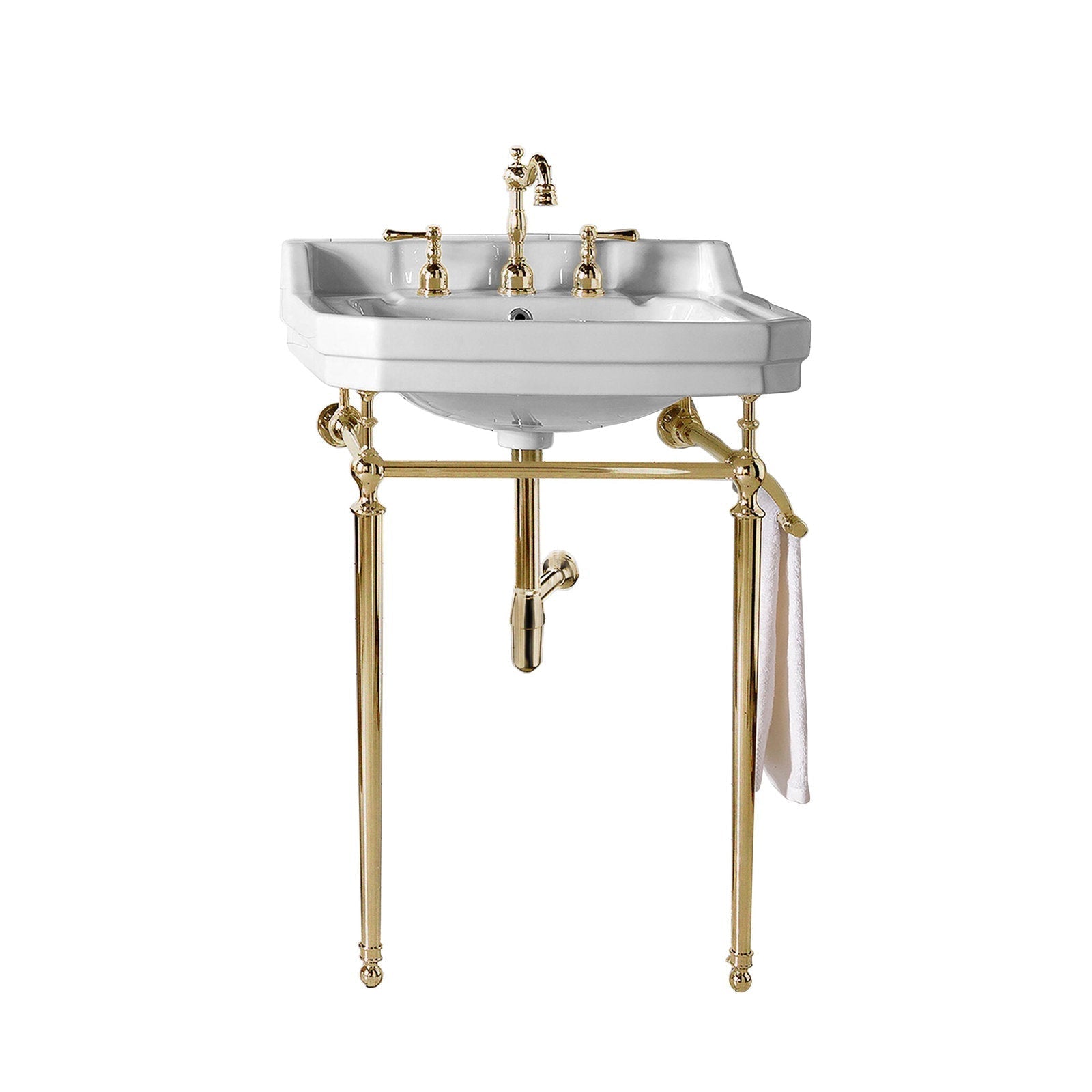 White ceramic single console sink on a polished brass metal console with two slender legs, matching brass faucet and exposed drain, and a side towel bar holding a white towel — modern freestanding bathroom vanity sink.