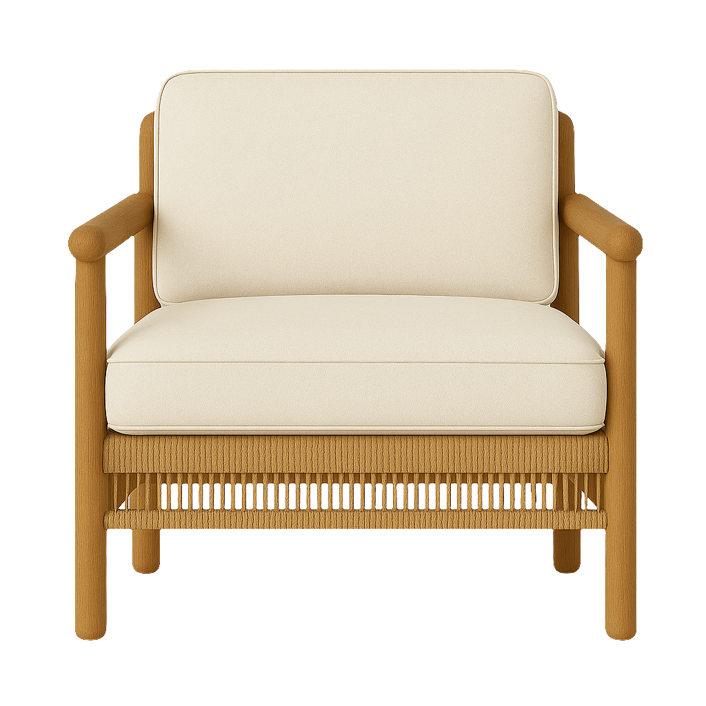 Front view of an outdoor lounge chair with a natural teak frame, rounded wooden arms, woven rope skirt and thick cream fabric seat and back cushions.