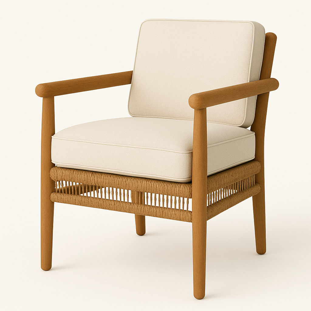 Coastal outdoor dining chair with a natural teak frame, rounded arms and legs, cream upholstered seat and back cushions, and woven rope detailing around the base.
