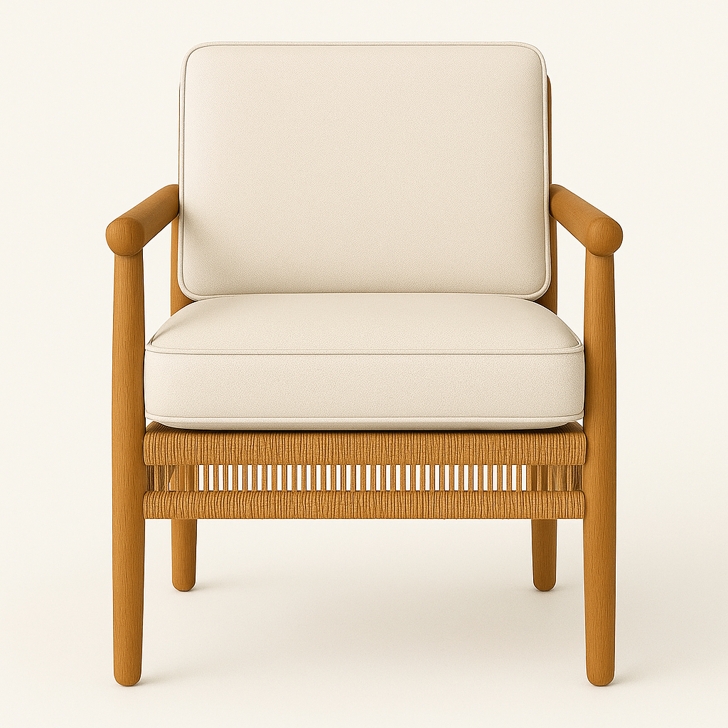 Front-facing outdoor dining chair with natural teak frame, rounded armrests and woven rope seat, topped by cream upholstered back and seat cushions for a coastal-modern look.