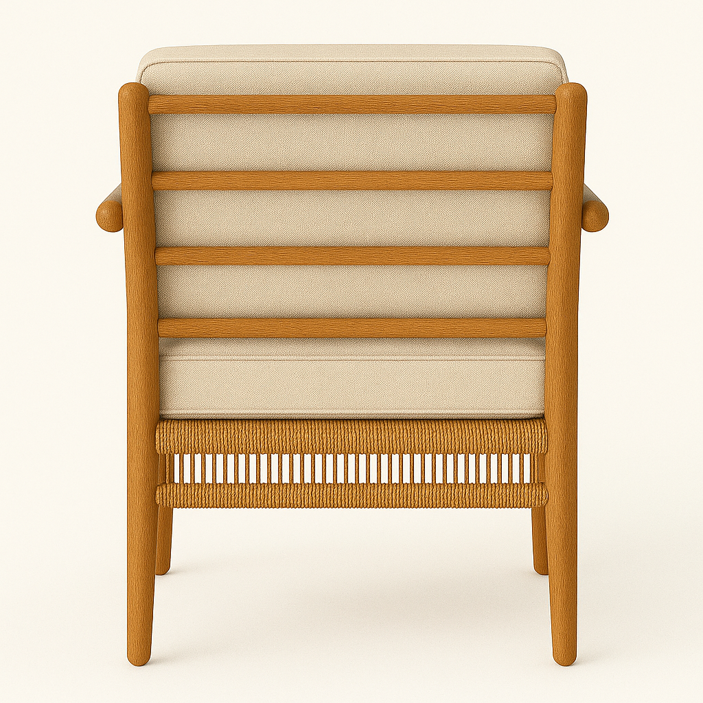 Rear view of an outdoor dining chair with a teak frame, horizontal slatted back, cream upholstered cushions and woven natural-rope detailing along the lower seat, plus rounded armrests and tapered legs.