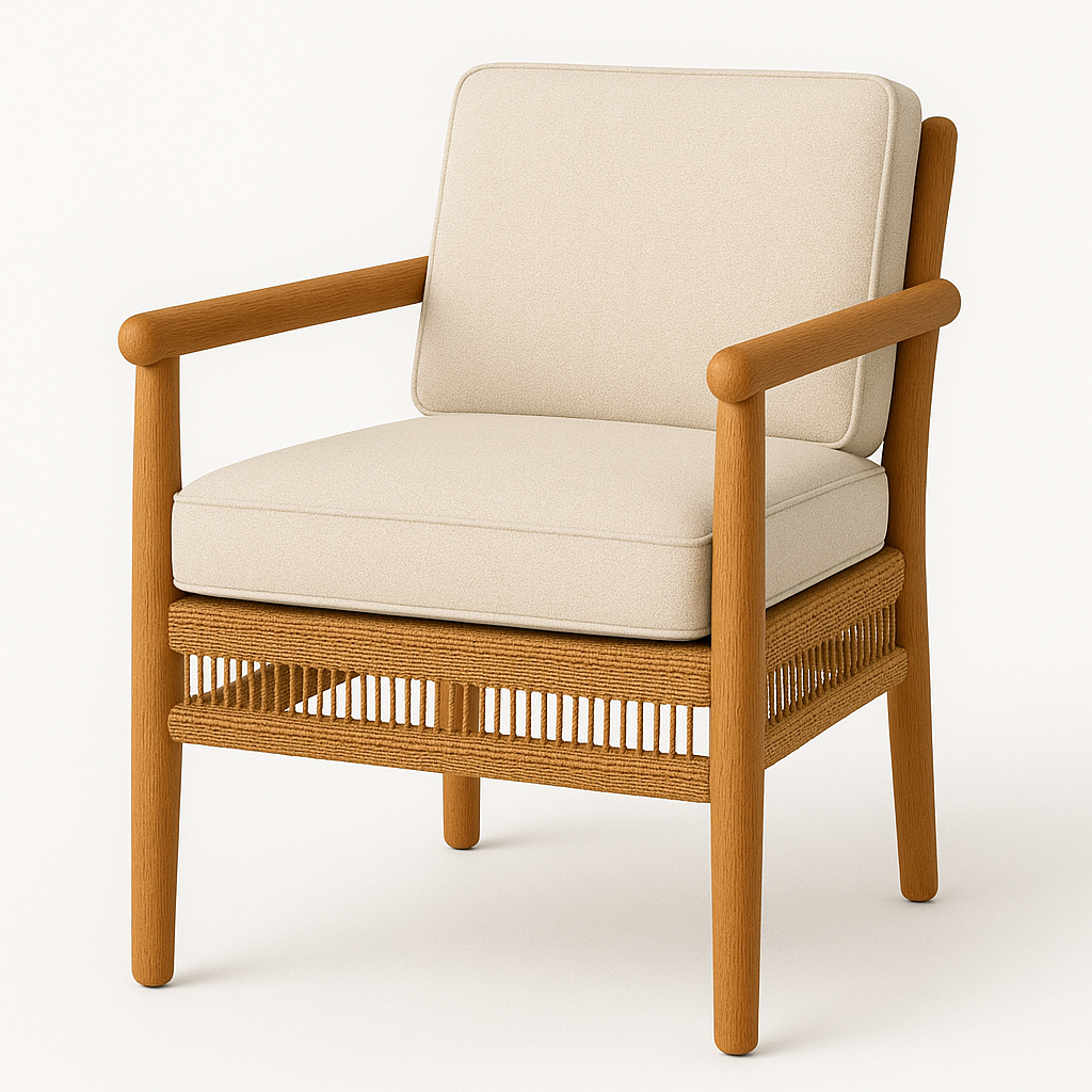 Cream fabric-upholstered outdoor dining chair with a natural teak frame, rounded wooden arms, cushioned seat and back, and woven rope detailing along the seat apron.