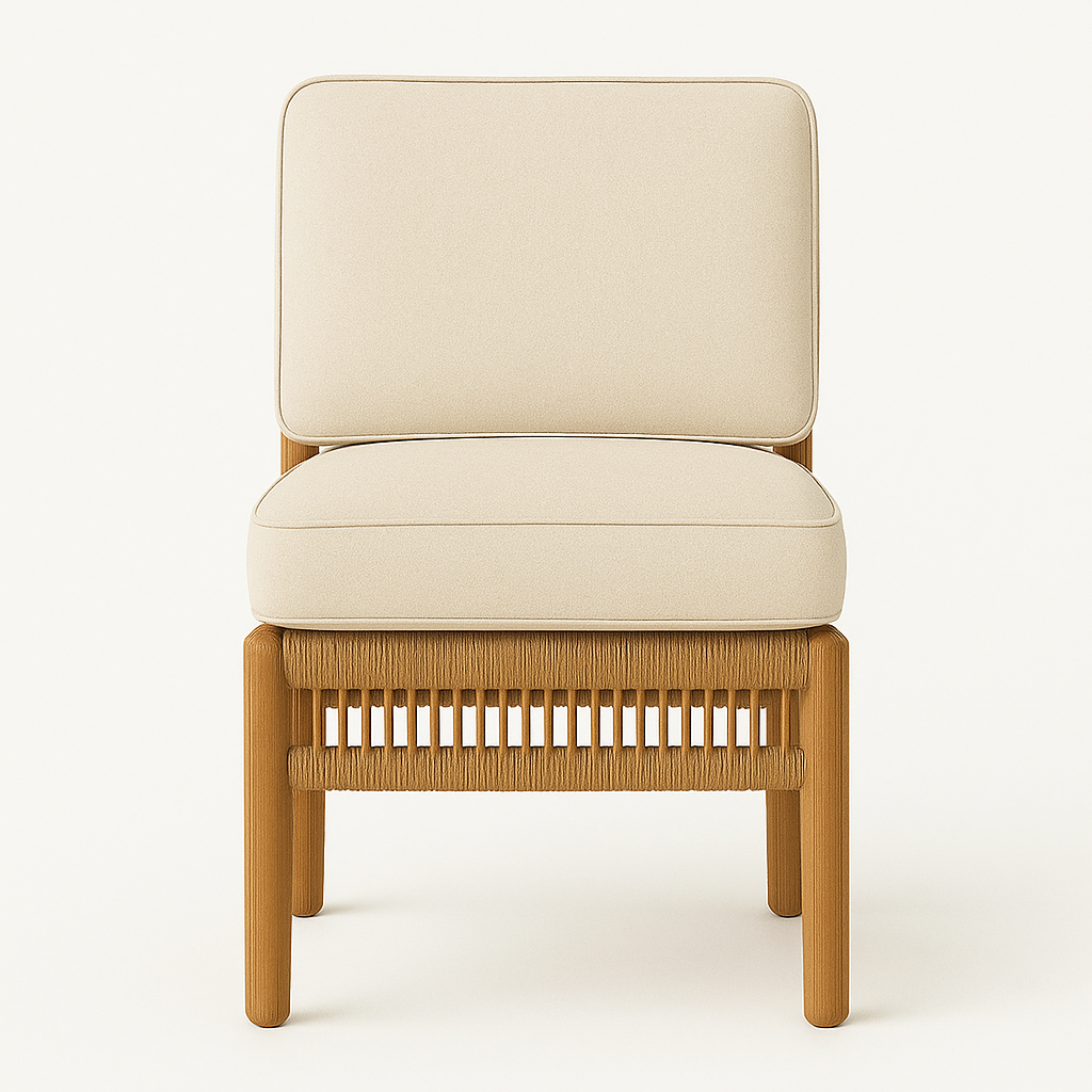 Front view of an outdoor side chair with a natural teak frame, woven rope detailing at the base and plush cream fabric seat and back cushions in a coastal-modern minimalist style.