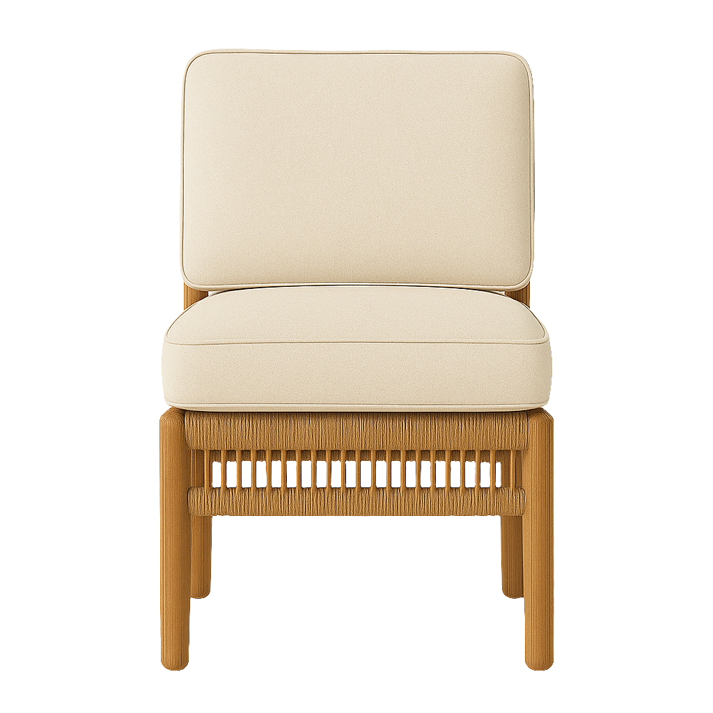 Front view of an armless outdoor side chair with a natural teak wood frame and woven rope apron, topped with thick cream fabric seat and back cushions in a coastal modern style.