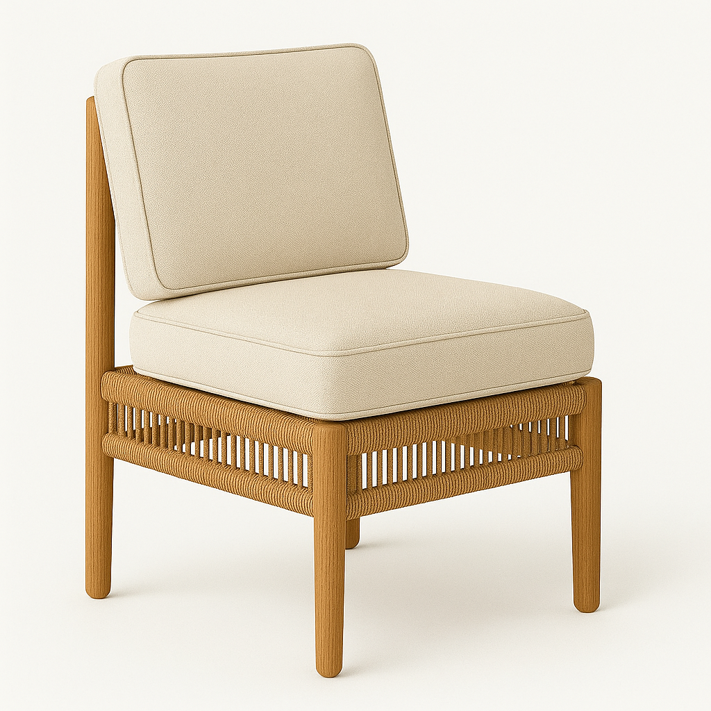 Armless outdoor side chair with a natural teak wood frame and woven rope seat surround, topped with thick cream fabric seat and back cushions in a coastal-contemporary style on a white background.