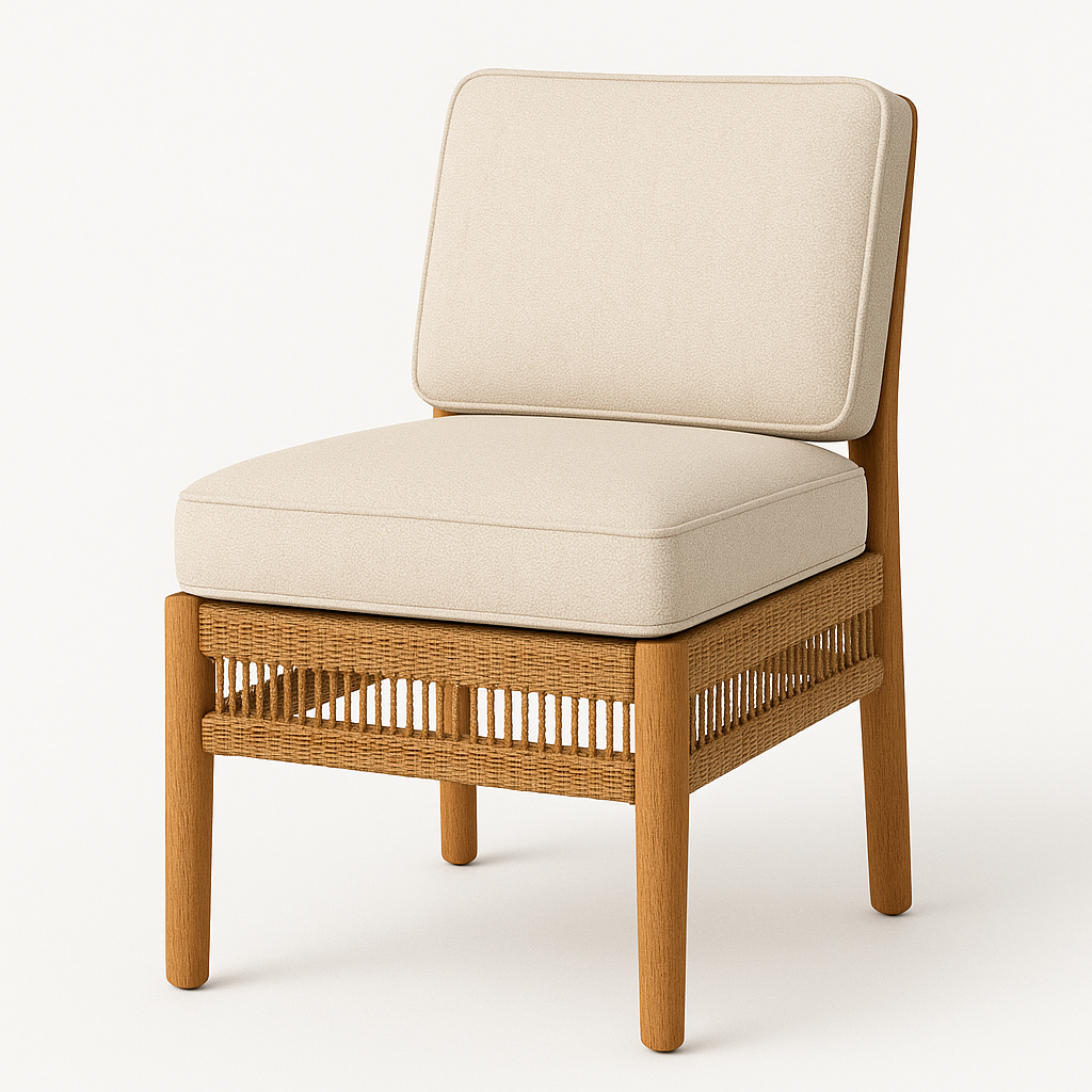 Armless outdoor side chair with cream fabric seat and back cushions on a natural teak frame, featuring a woven rope skirt and rounded teak legs in a modern coastal style.