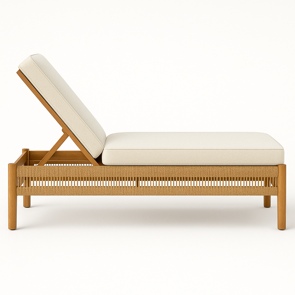Side view of a teak sun lounger with solid wood frame, woven rope side detailing, adjustable backrest and thick beige cream cushions in a contemporary coastal outdoor chaise design.