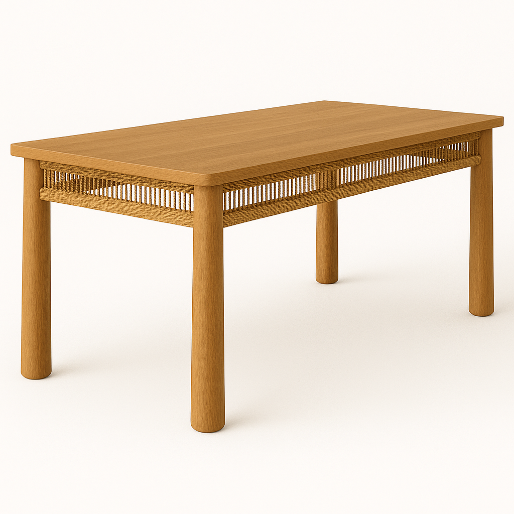 Rectangular large teak outdoor dining table with a natural wood finish, rounded cylindrical legs and a woven rope apron detail beneath the tabletop in a mid-century modern style.