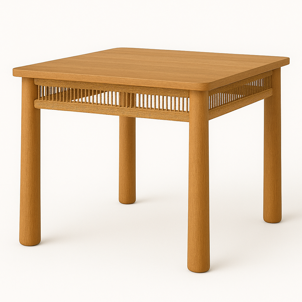 Square teak outdoor dining table in a natural finish with rounded cylindrical legs and a woven slatted apron, shown in a mid-century modern silhouette.