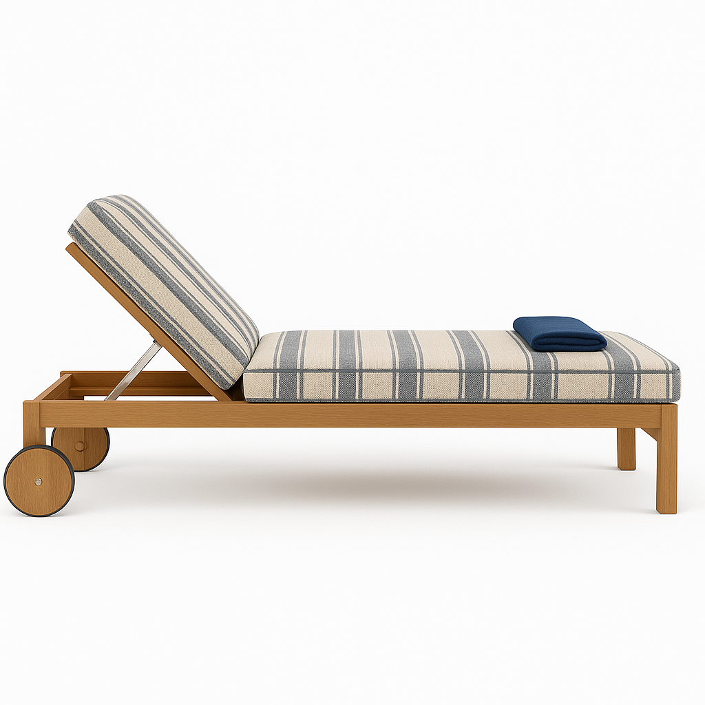 Side view of a teak outdoor chaise lounger with beige and navy striped fabric cushion, adjustable back held by an aluminum support, teak frame with wheels, and a folded navy pillow at the foot.