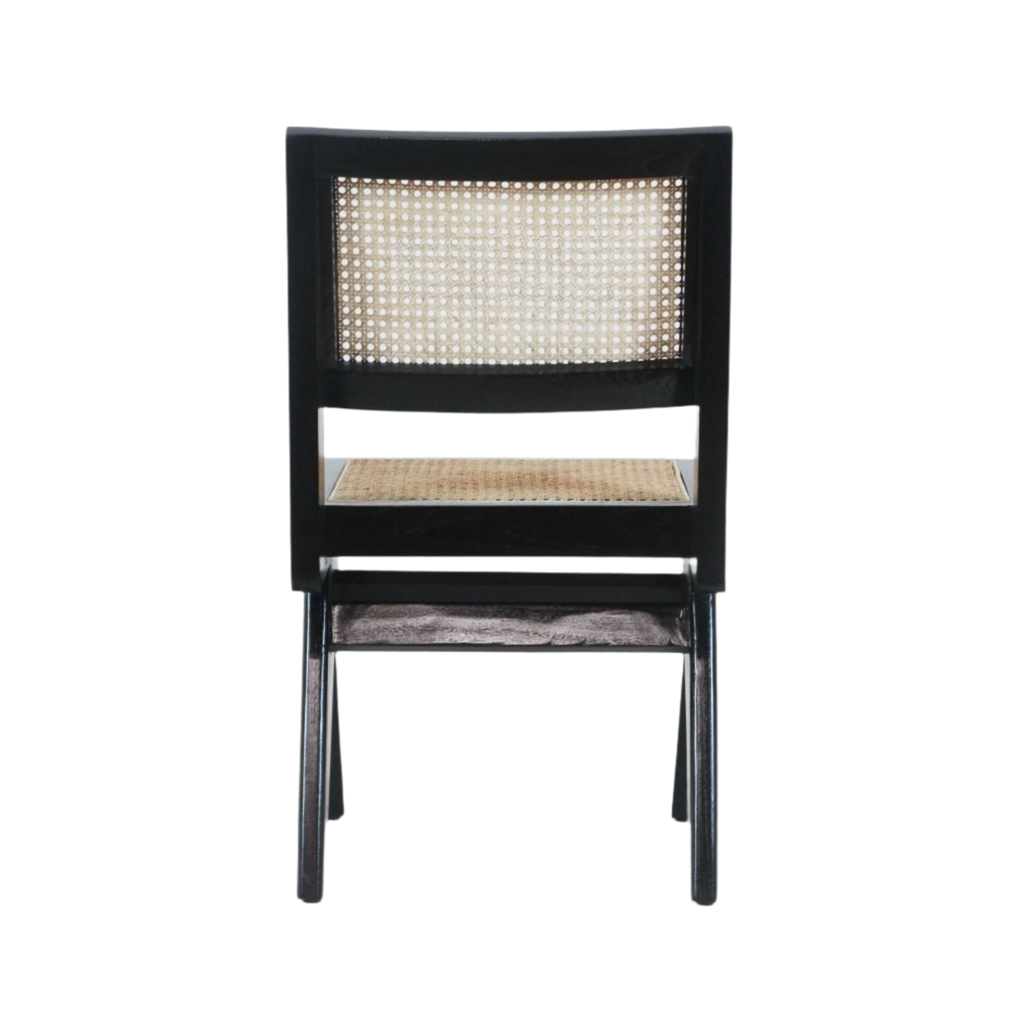 Back view of an armless modern dining chair with a black solid wood frame and woven natural cane seat and back, shown on a white background.