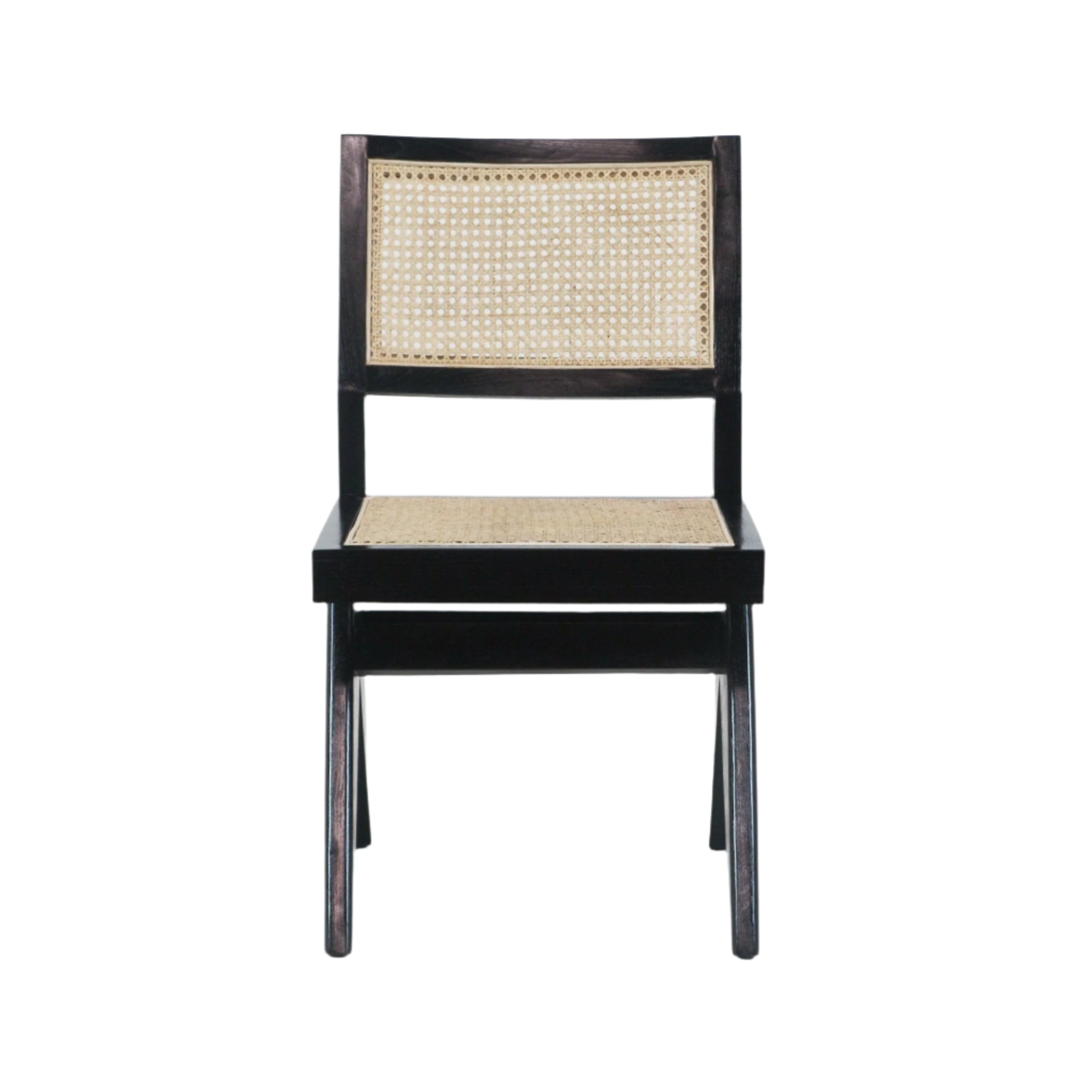 Front view of an armless dining side chair with a black solid wood frame and natural cane-woven seat and back, showcasing a modern mid-century silhouette on a white background.