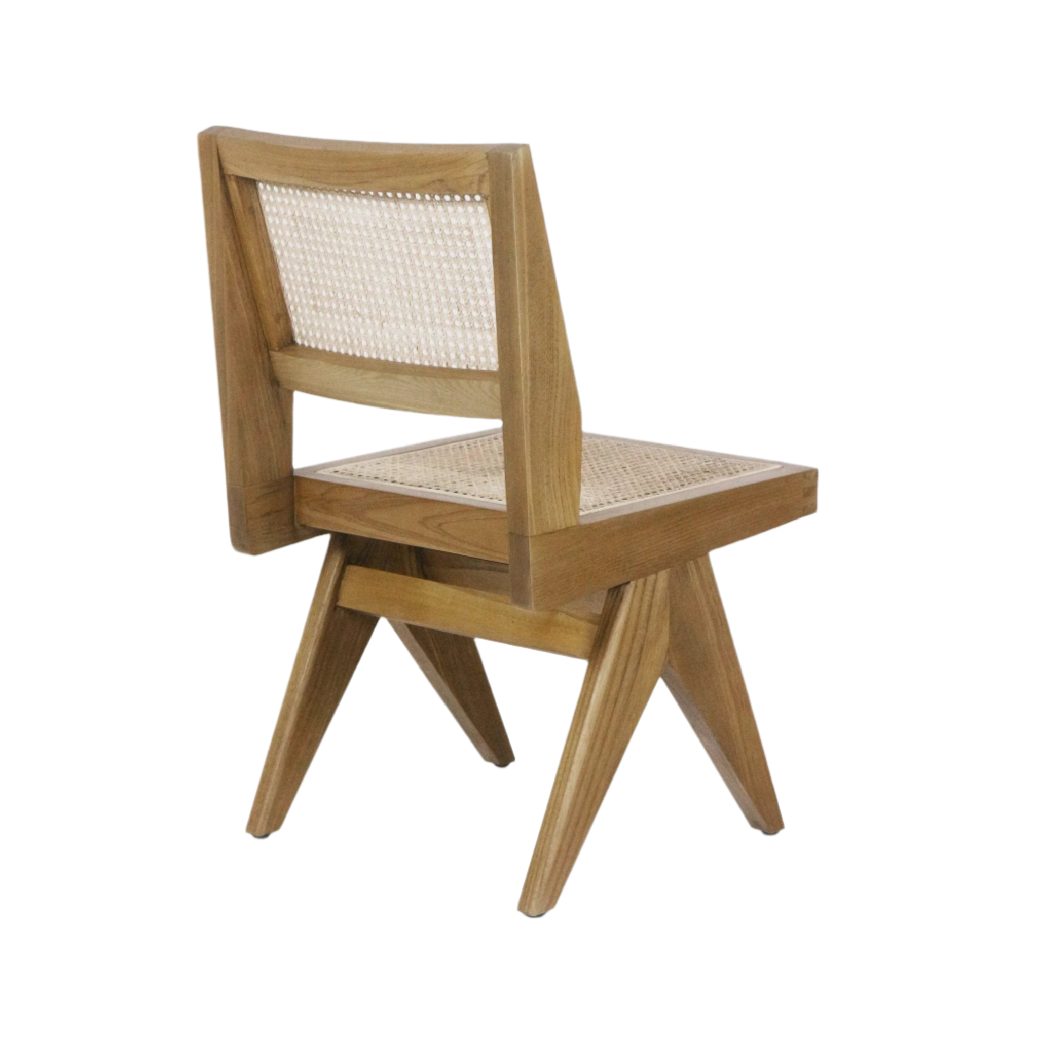 Armless mid-century modern dining side chair in natural wood with woven cane (Vienna weave) seat and back, solid wood frame and splayed angled legs.