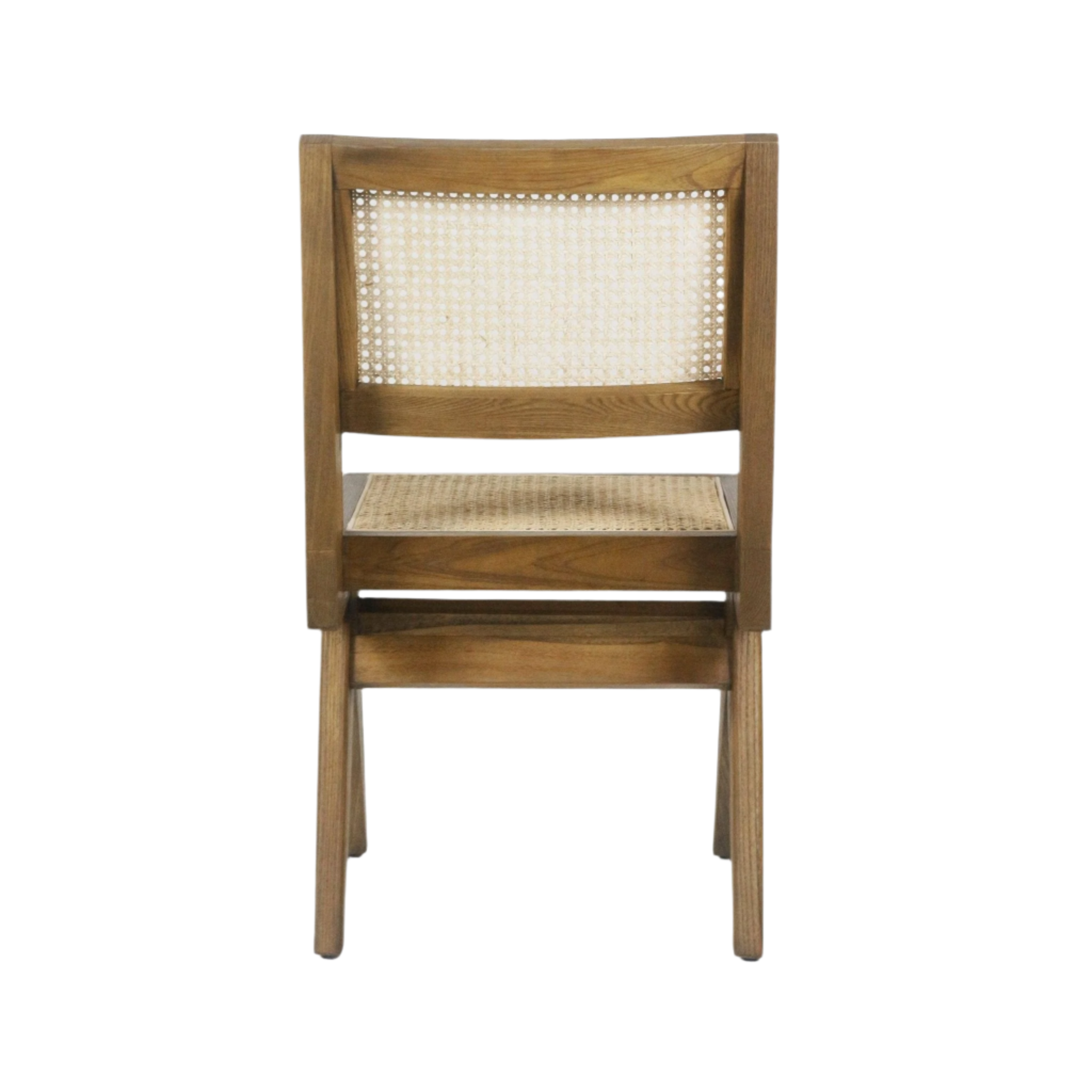 Rear view of an armless dining side chair with a natural wood frame in warm teak finish, woven cane seat and back, tapered legs and a clean mid-century modern silhouette.