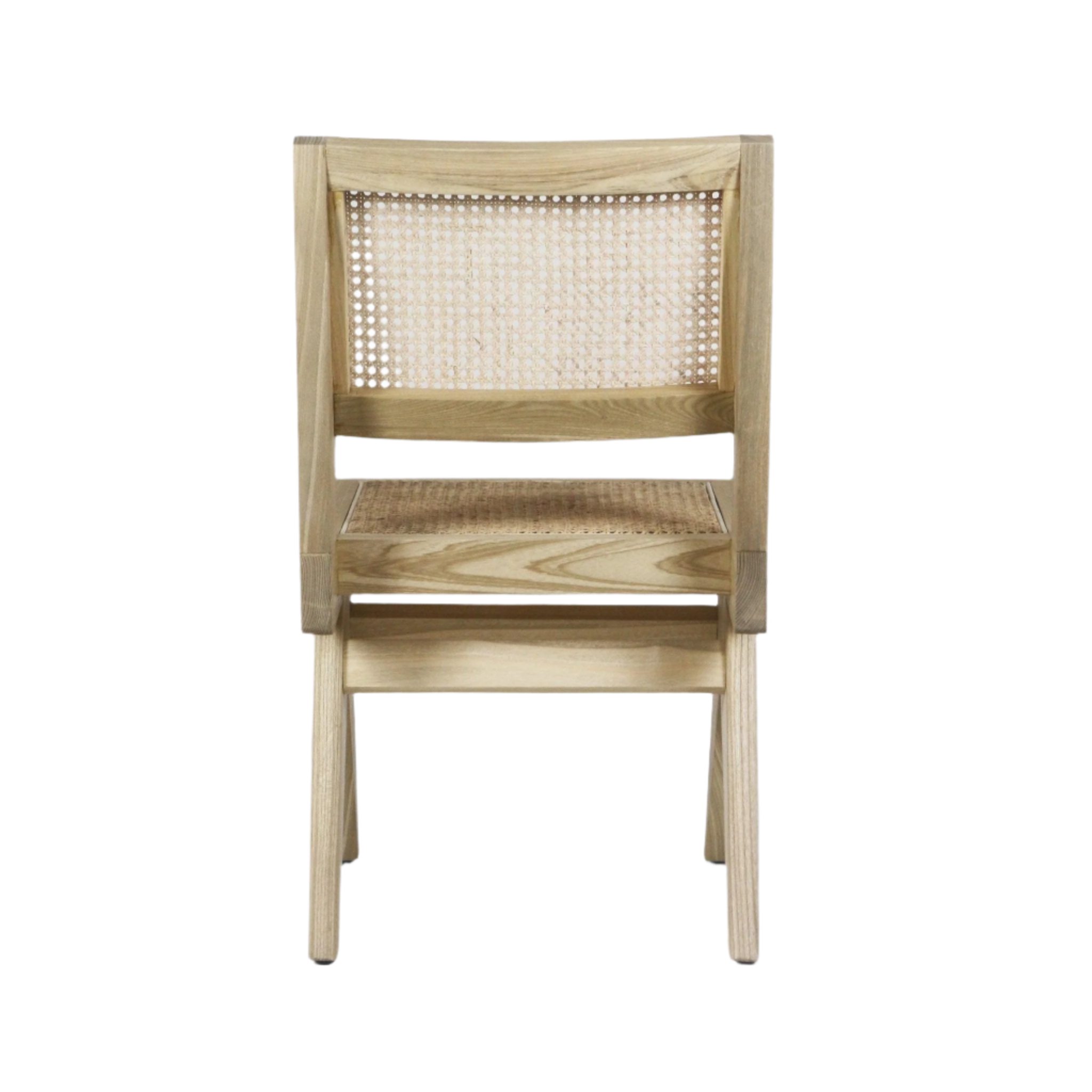 Rear view of an armless natural wood dining side chair with woven cane back and seat, light blonde finish and tapered solid wood legs.