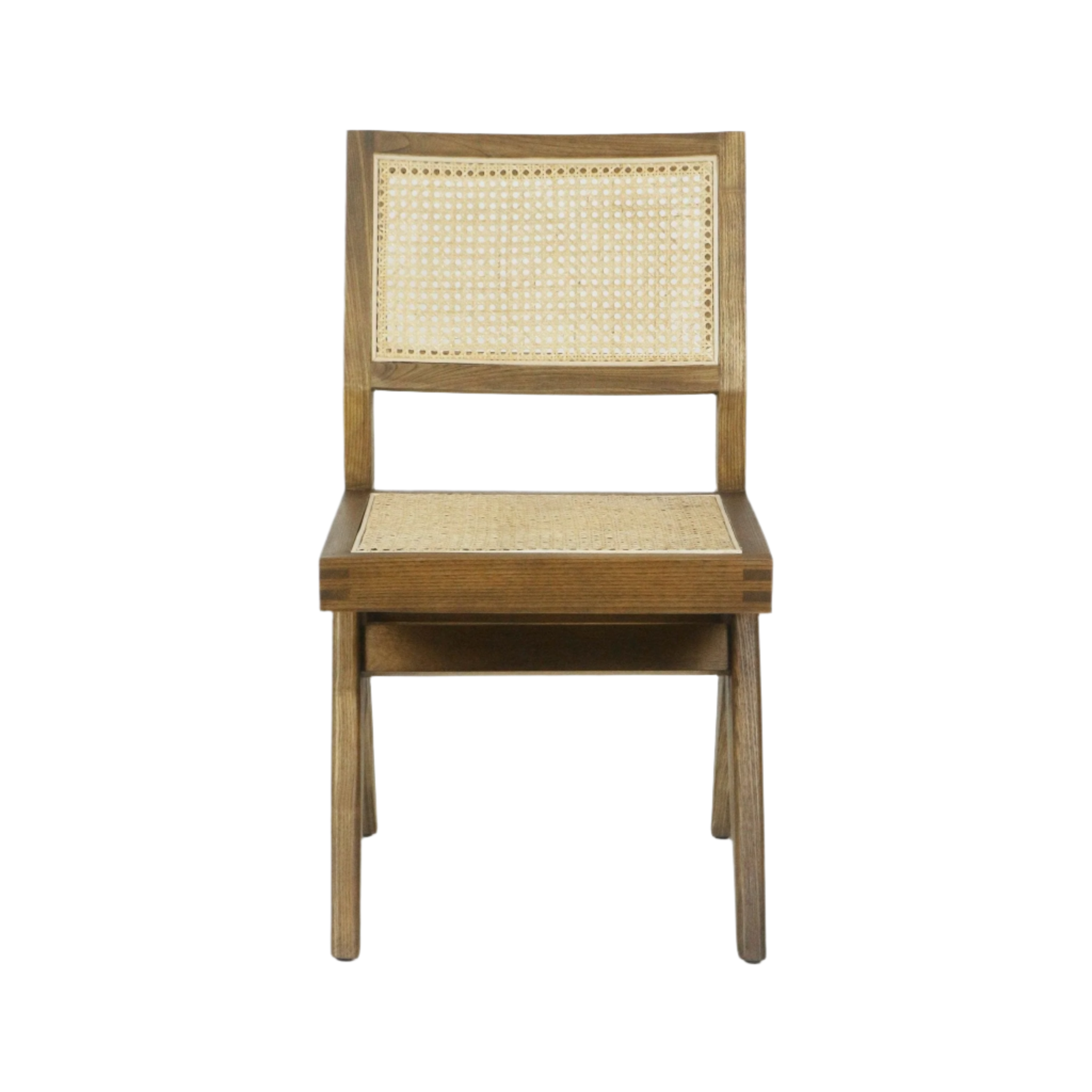 Armless dining side chair with a natural wood frame and woven cane seat and rectangular cane back in a mid-century modern design.
