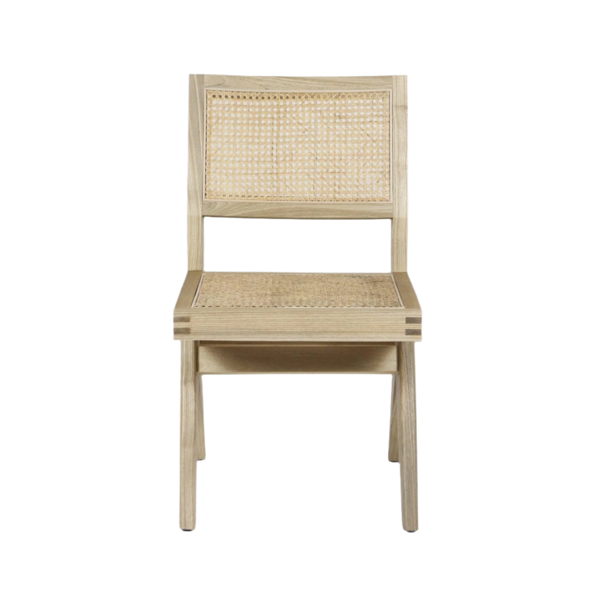 Front view of a natural blonde solid wood armless dining chair with Vienna cane weave seat and back, modern profile and tapered legs.