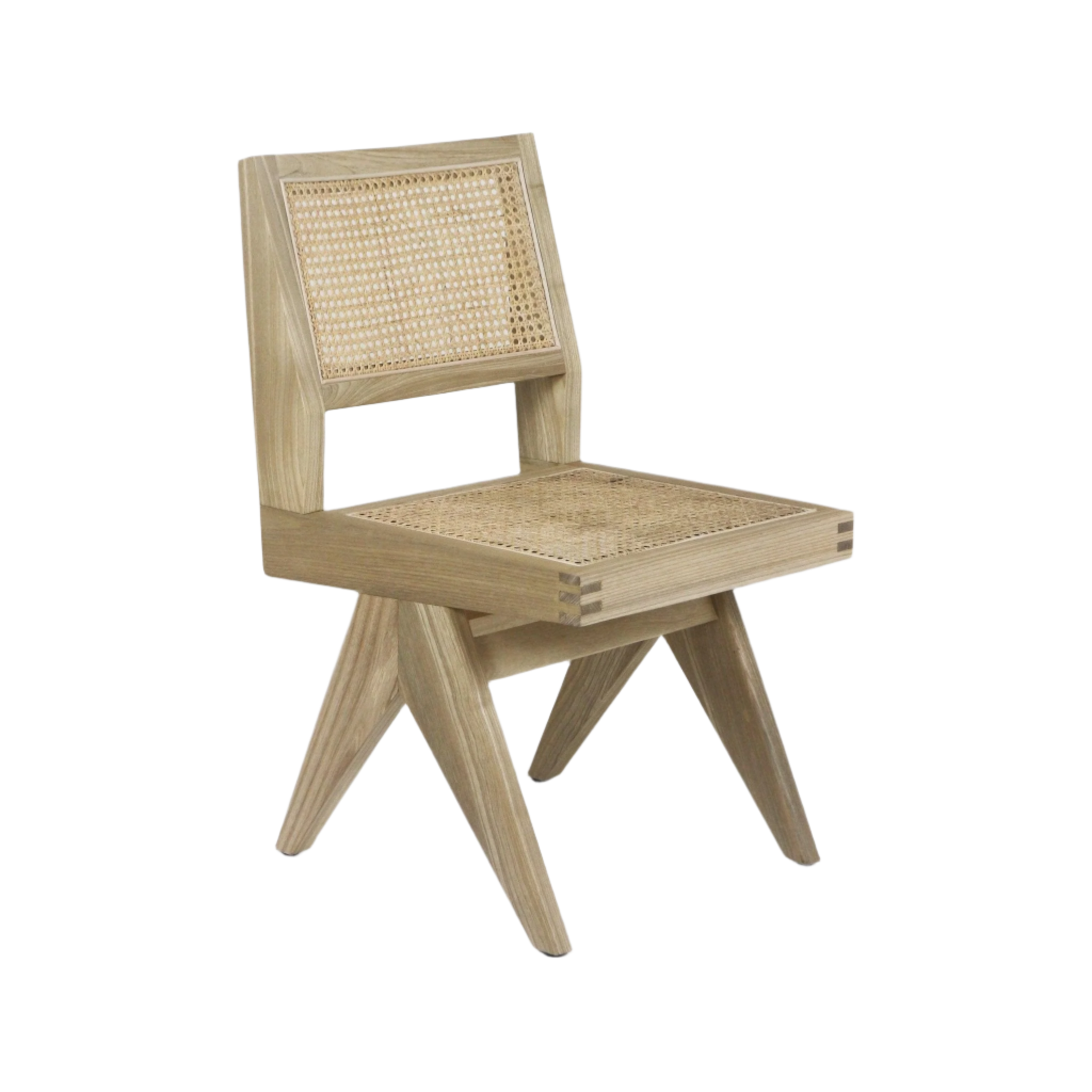 Armless mid-century modern dining side chair in natural wood with woven cane seat and back, box-style frame, visible corner joinery and splayed solid-wood legs.