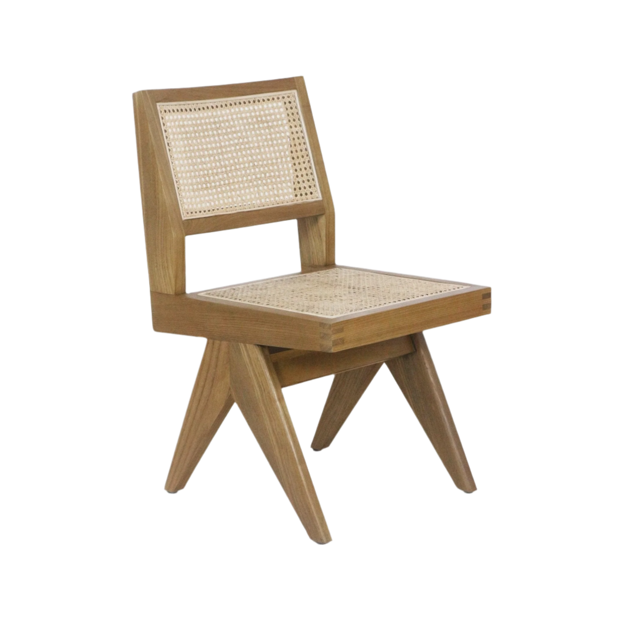 Armless mid-century modern dining side chair in natural solid wood with woven cane (Vienna weave) seat and back, boxed seat frame and splayed angled legs.