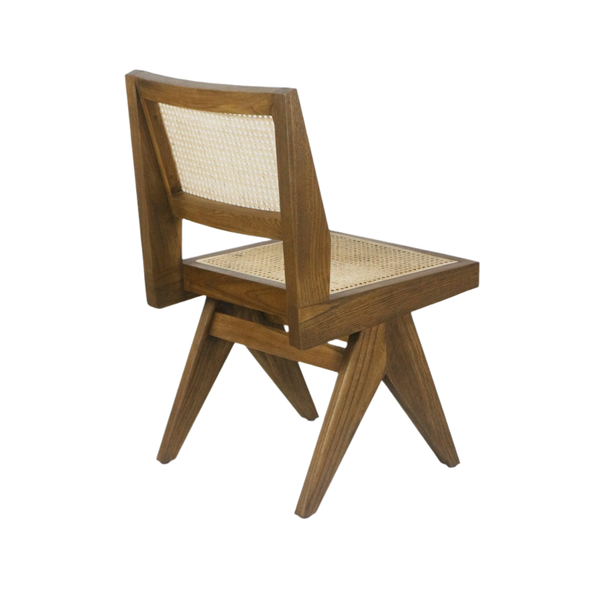 Armless mid-century modern dining chair in warm teak solid wood with woven cane seat and back, splayed angled legs and cross-stretcher base for sturdy support.