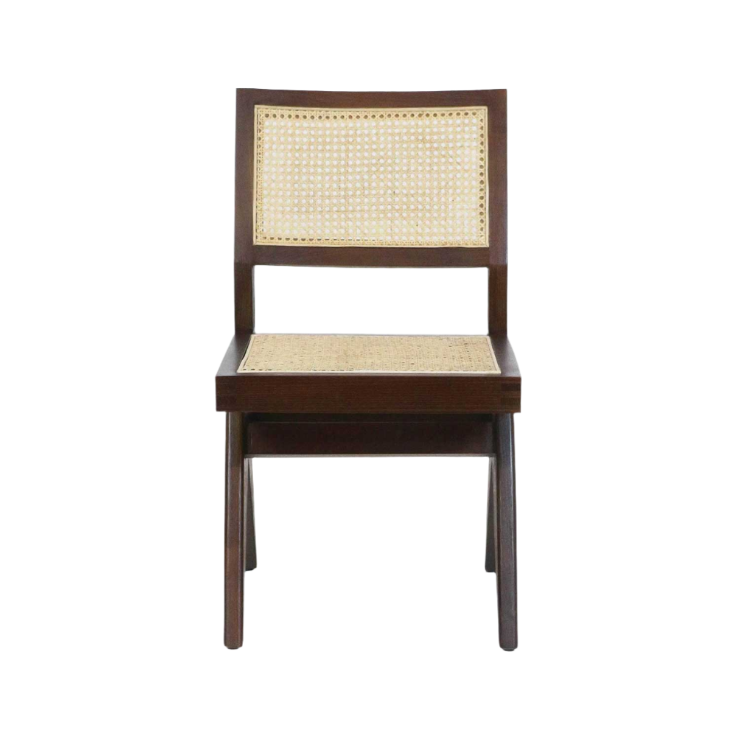 Front view of an armless dining side chair with a walnut-brown solid wood frame and natural woven cane seat and back, showcasing a minimalist mid-century modern silhouette.