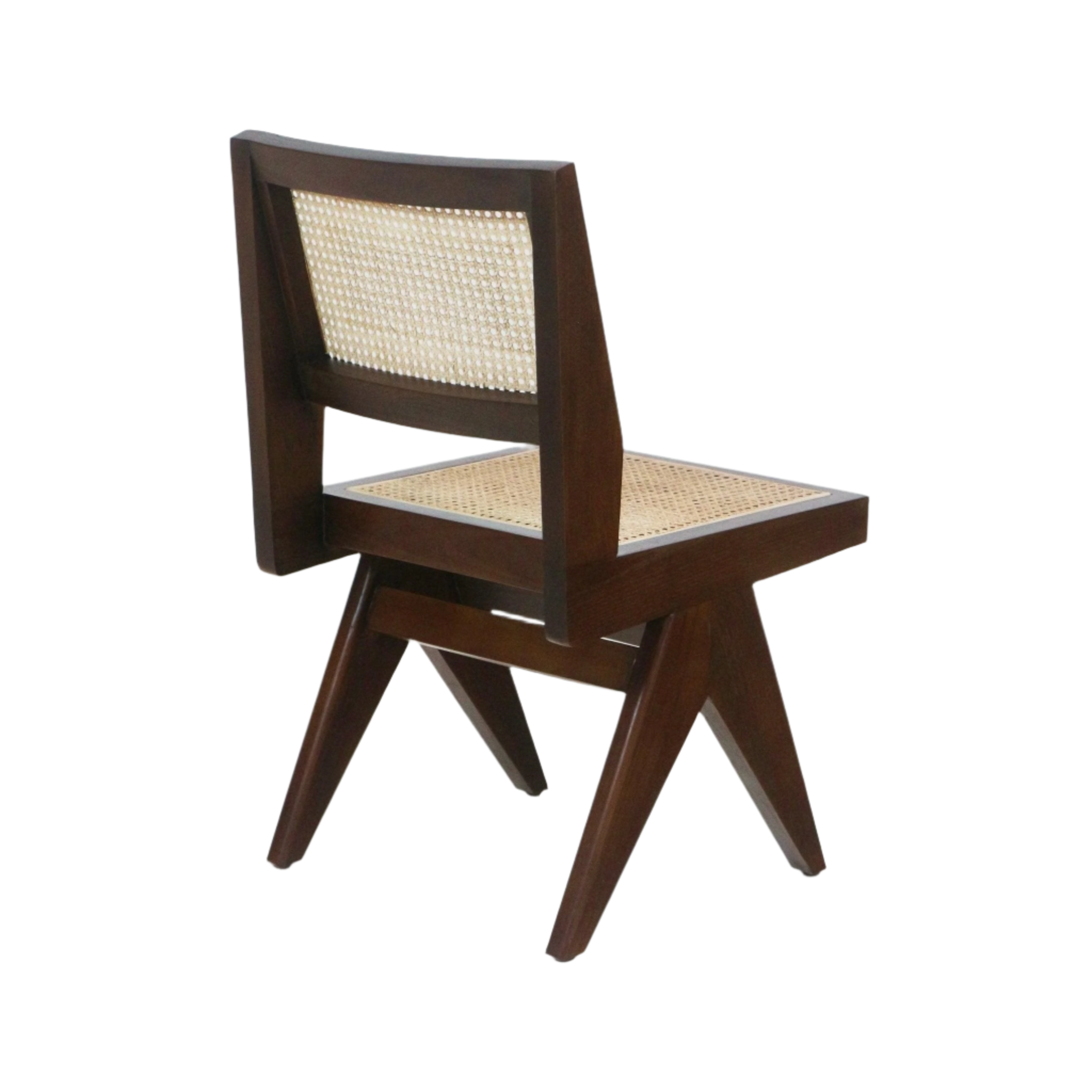 Armless mid-century modern dining chair with walnut-stained solid wood frame and woven natural cane seat and backrest, featuring angular legs and a low-profile silhouette.