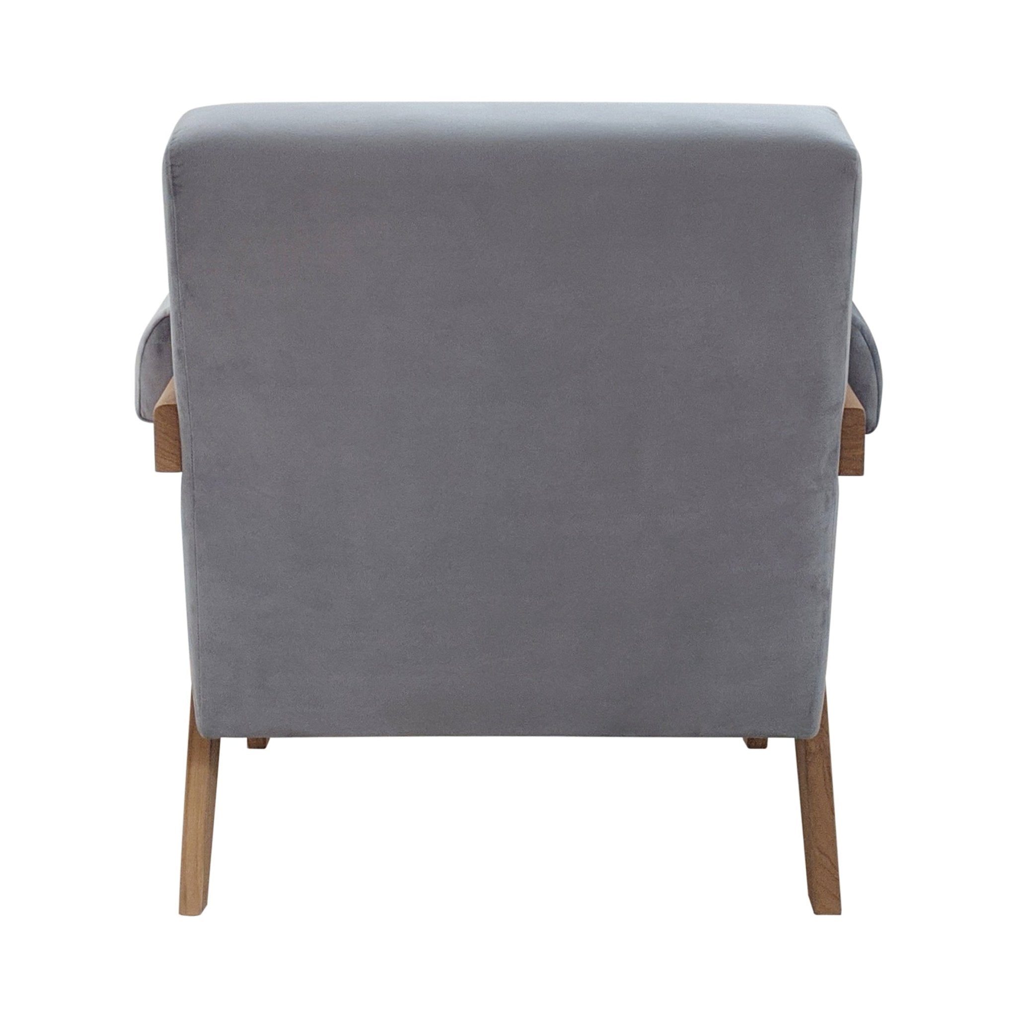 Rear view of a modern accent chair in gray fabric with a full upholstered back, exposed natural wood arm supports and angled wooden legs.