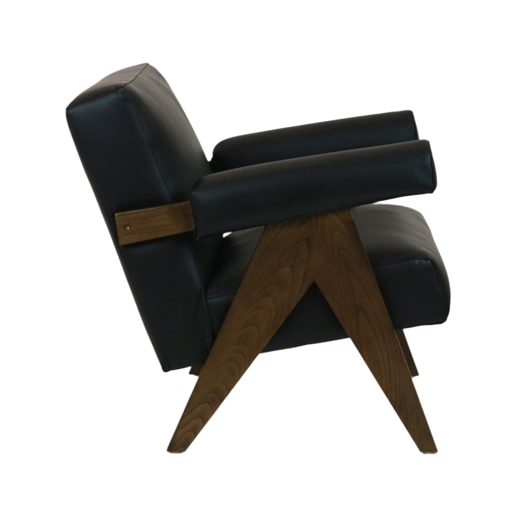 Side profile of a mid-century modern accent chair in black leather with cylindrical padded armrests and full back cushion, supported by angled natural wood A-frame legs.