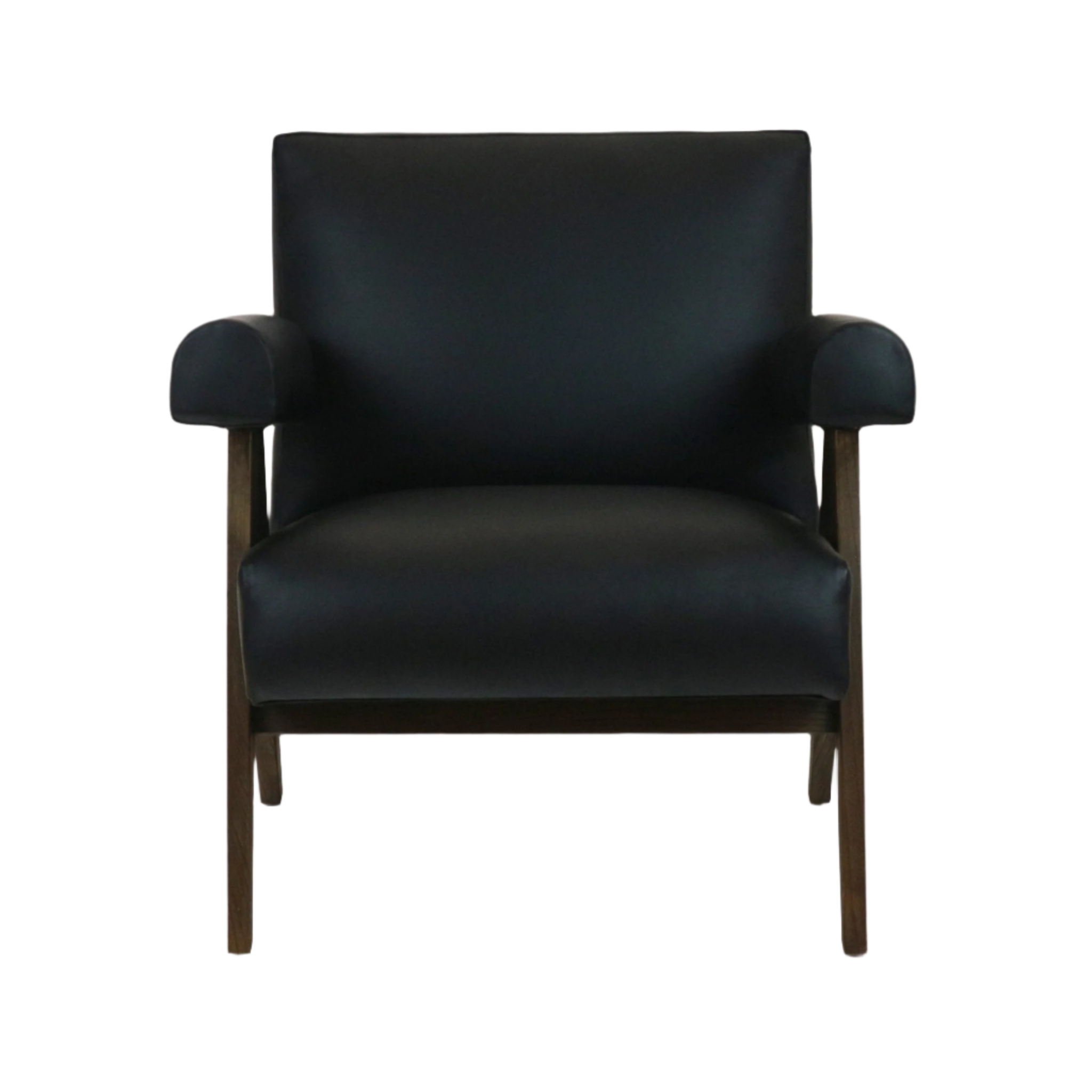 Front view of a black leather upholstered accent chair with padded seat and rounded arm pads supported by a dark natural wood frame, mid-century modern silhouette.