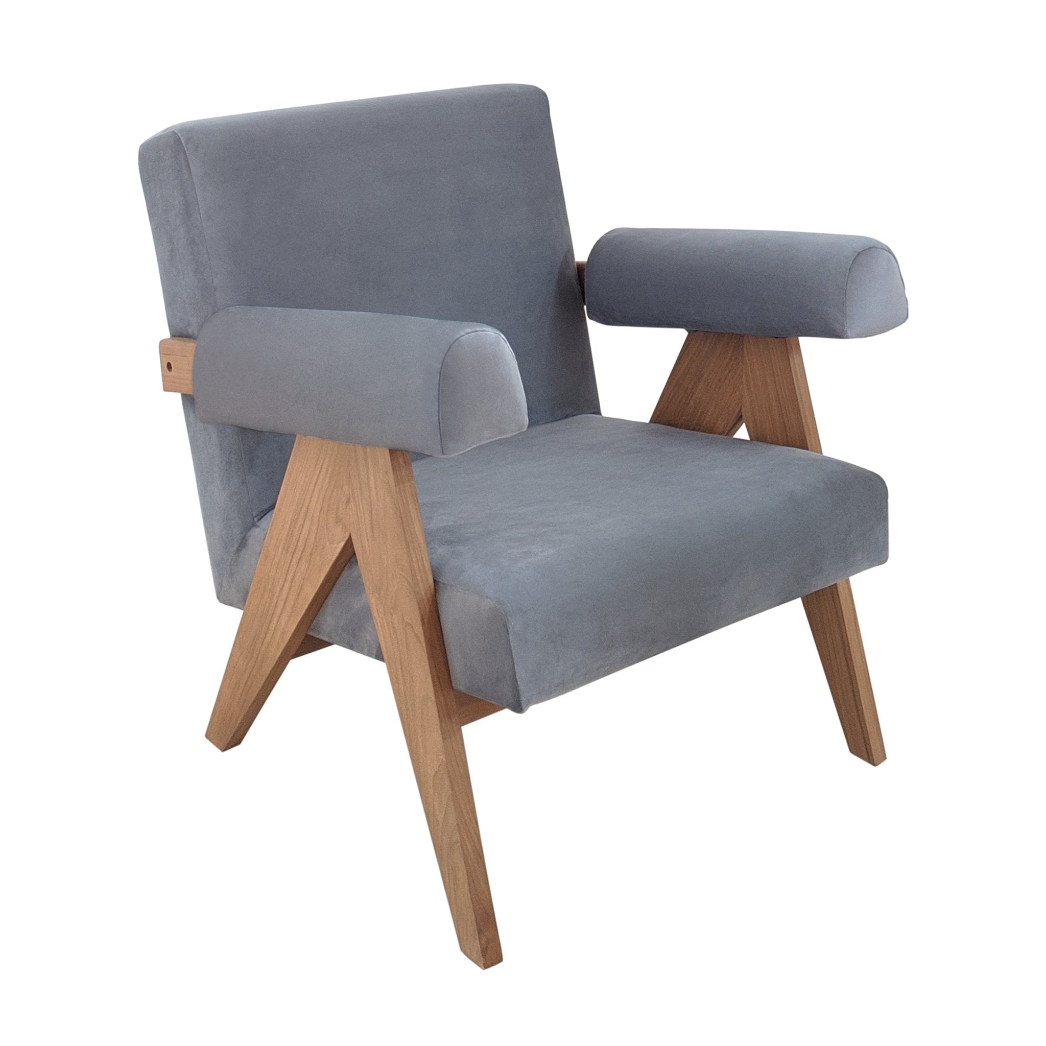 Gray fabric-upholstered accent chair with rounded padded armrests and a natural wood A-frame base, mid-century modern silhouette.
