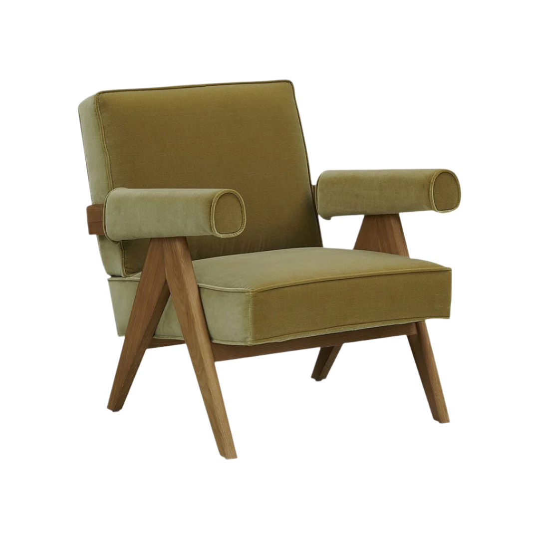 Olive mohair-upholstered accent chair with a square back, thick seat cushion, cylindrical bolster arms and angled natural wood frame and legs in a mid-century modern silhouette.