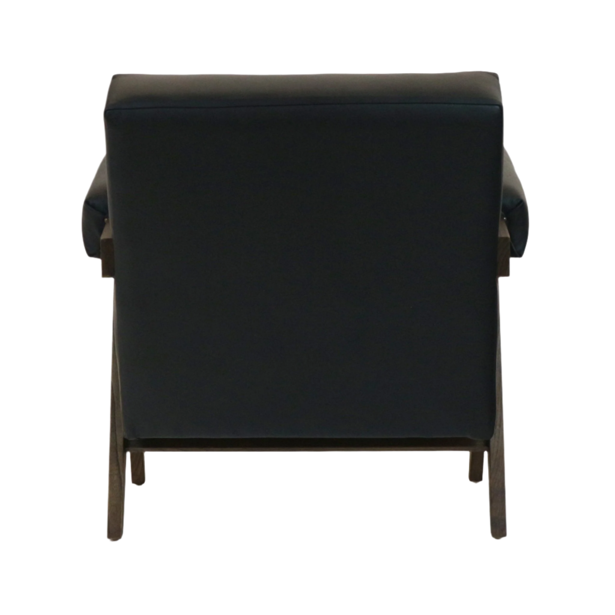 Rear view of a black leather-upholstered accent chair with a natural wood frame and tapered legs shown against a white background.