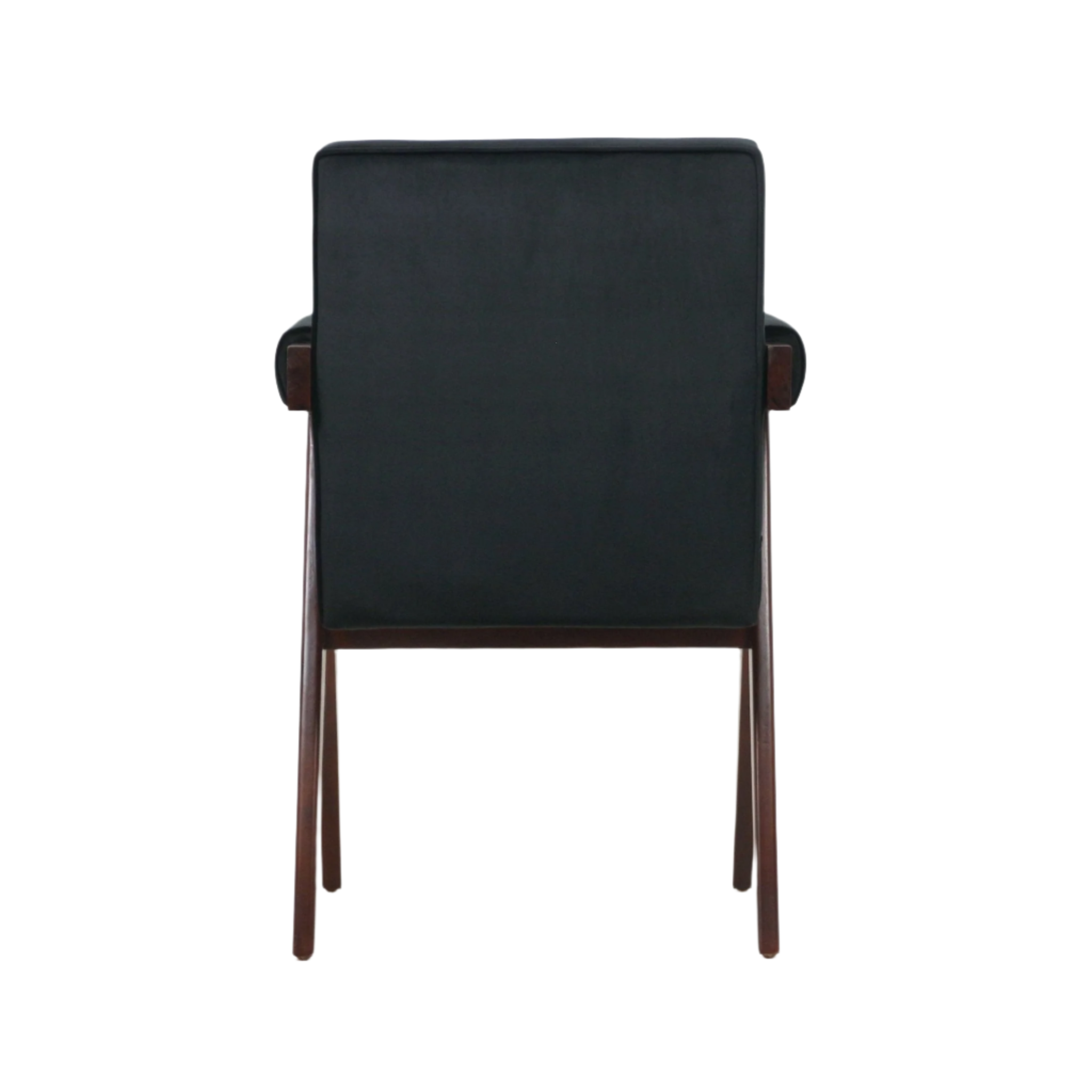 Rear view of a mid-century modern dining chair with black velvet upholstered back, short dark-wood arm supports and tapered solid-wood legs.