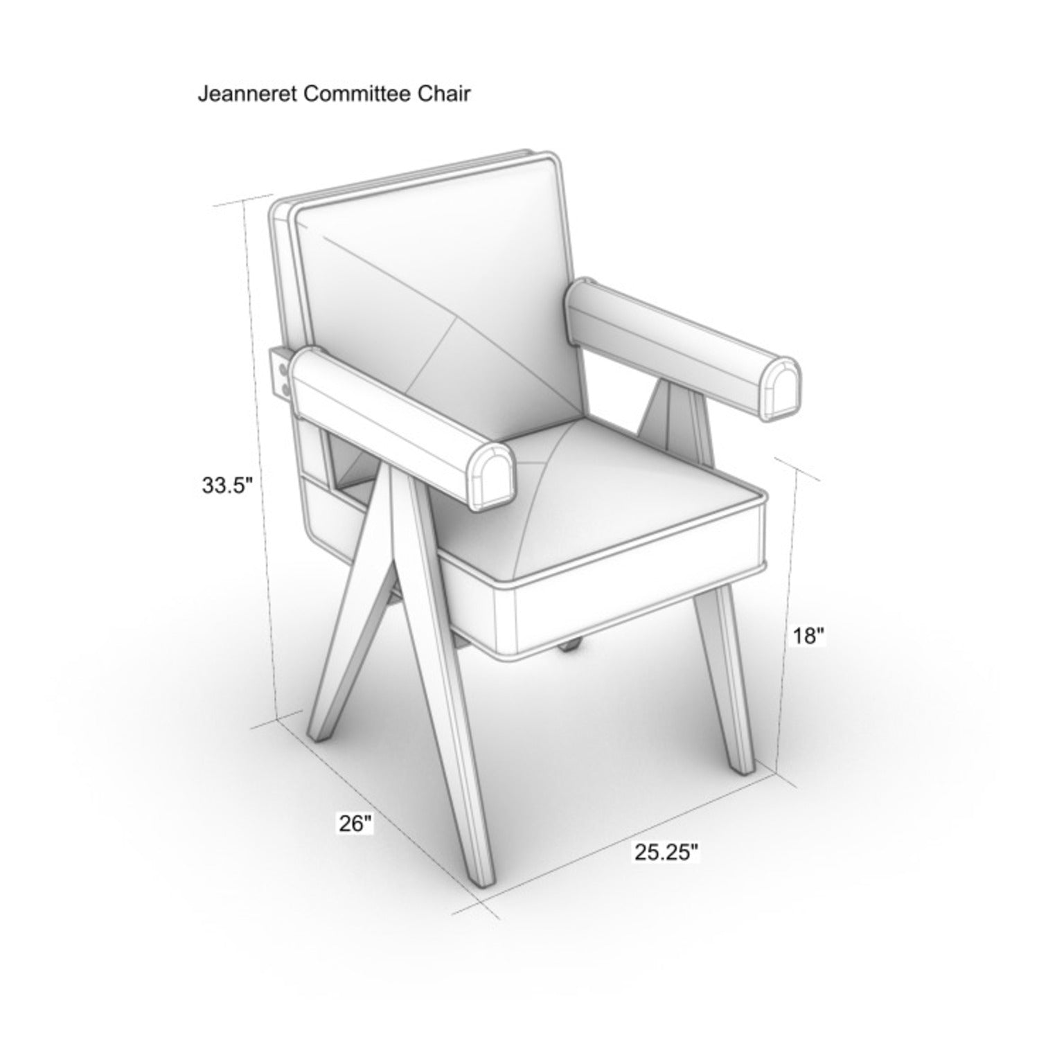 Technical line drawing of a mid-century modern fabric-upholstered committee chair with rounded padded arms and solid wood A-frame legs, shown as a grayscale product diagram with annotated dimensions (33.5" H, 25.25" W, 26" D, 18" seat H).
