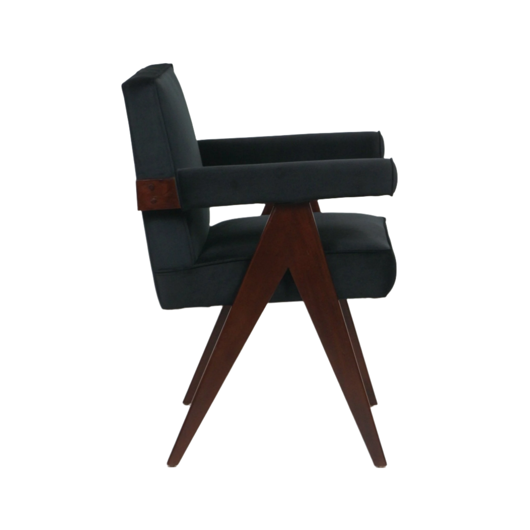 Side profile of a mid-century modern dining chair with black upholstered seat, back and padded arms mounted on dark brown solid wood angled A-frame legs.