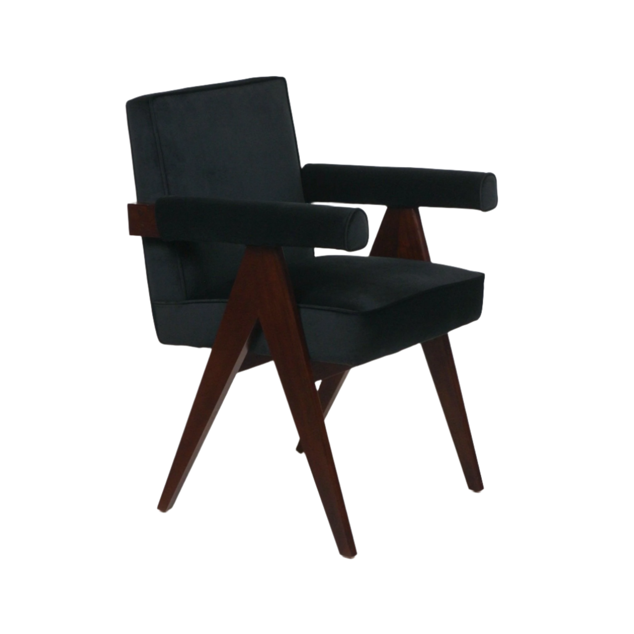 Black upholstered mid-century modern armchair with cylindrical padded arms, a boxy backrest and seat cushion, supported by angled dark solid-wood legs.