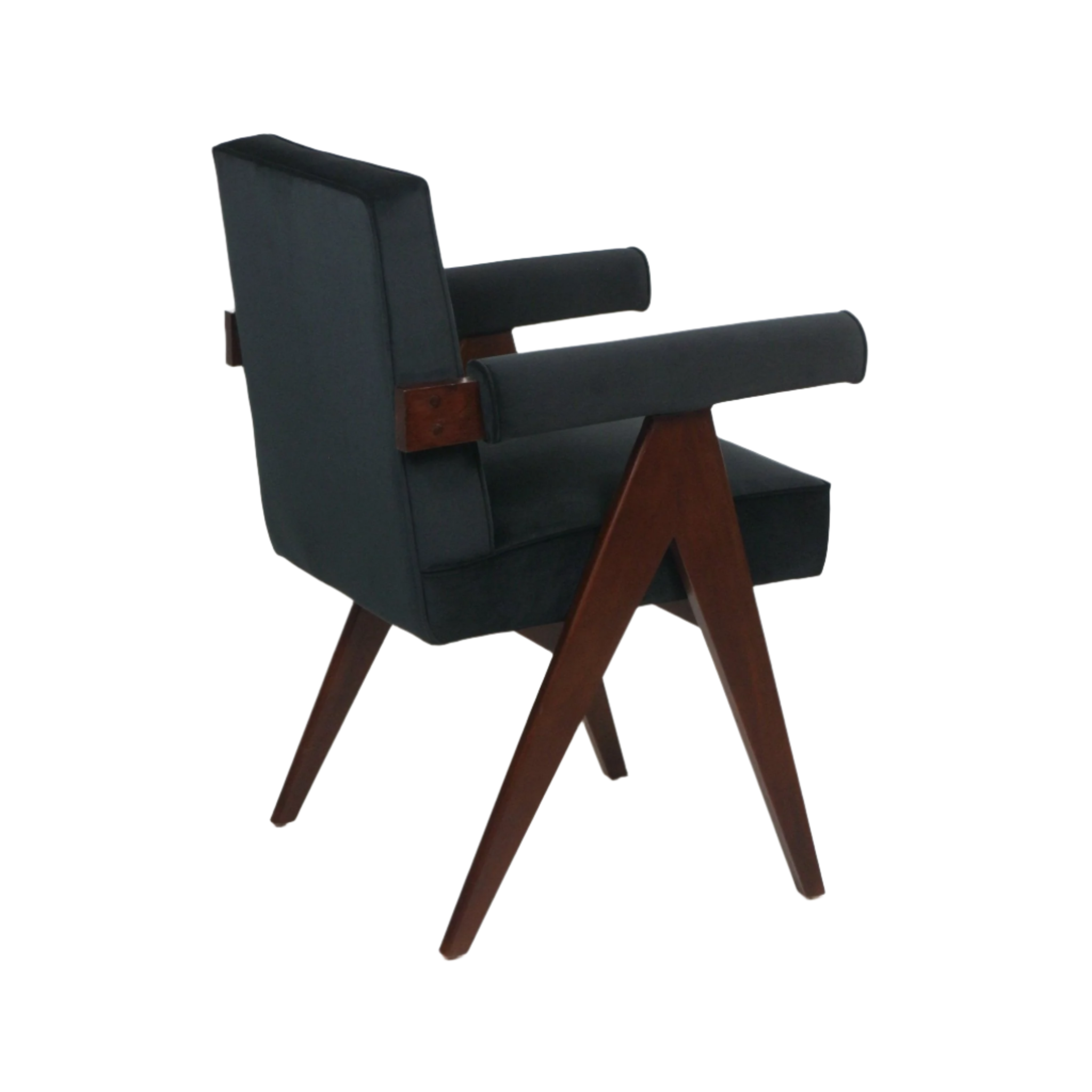 Mid-century modern committee-style chair upholstered in black fabric with a squared back, padded tubular armrests and angled dark brown solid-wood A-frame legs.