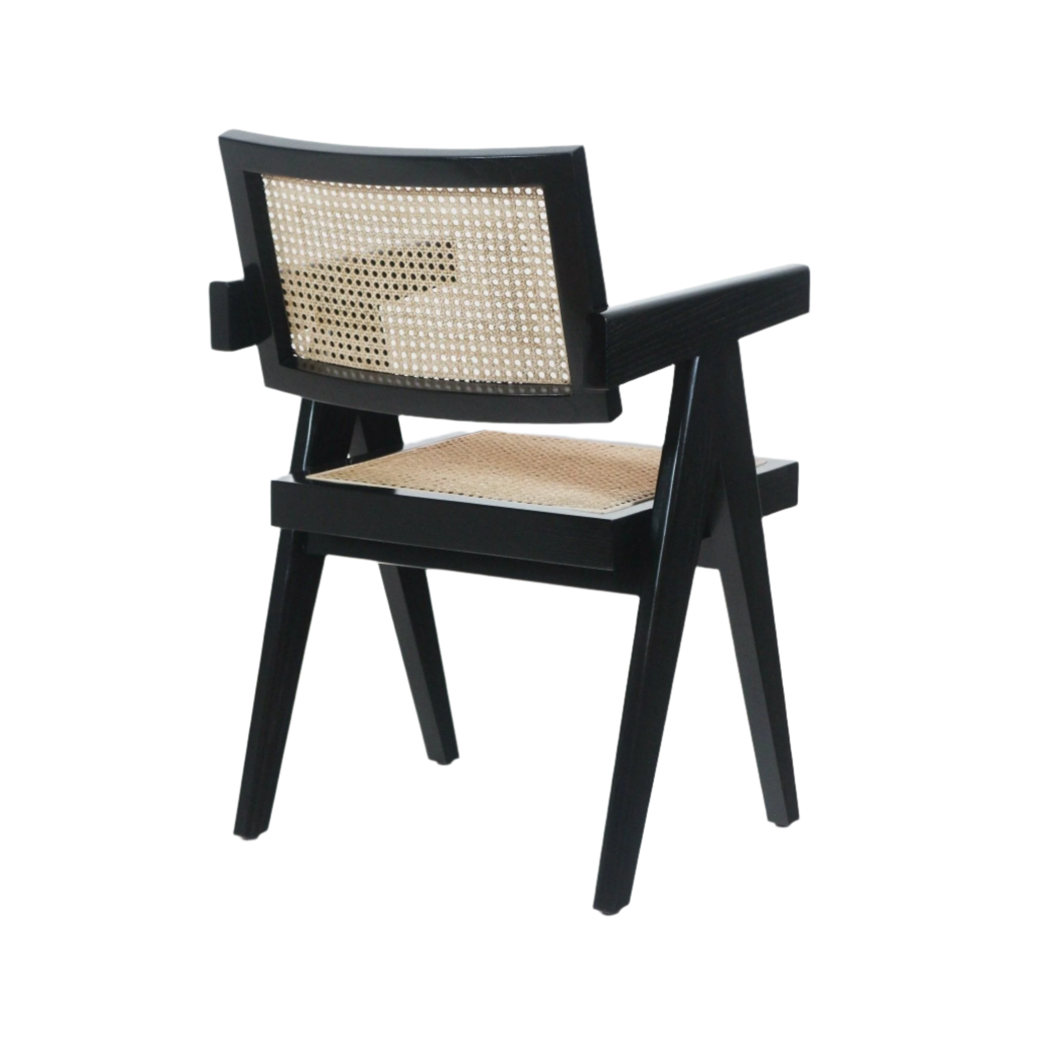 Black solid wood dining or office chair with natural woven cane Vienna-weave seat and back, angled legs and rectangular armrests in a mid-century modern silhouette.