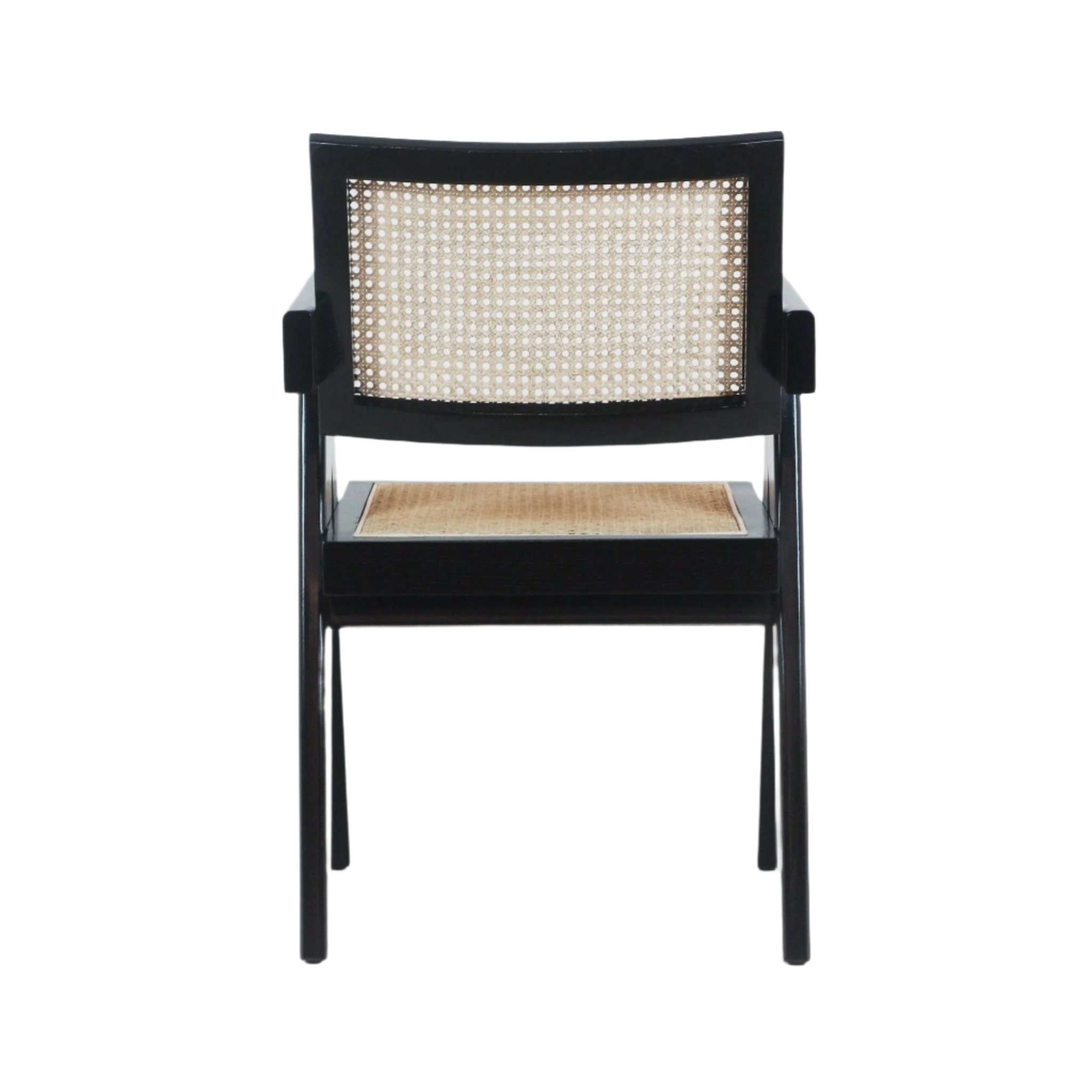 Front view of a modern mid-century dining chair with a black solid wood frame and natural cane-woven back and seat, slim arms and straight legs against a white background.