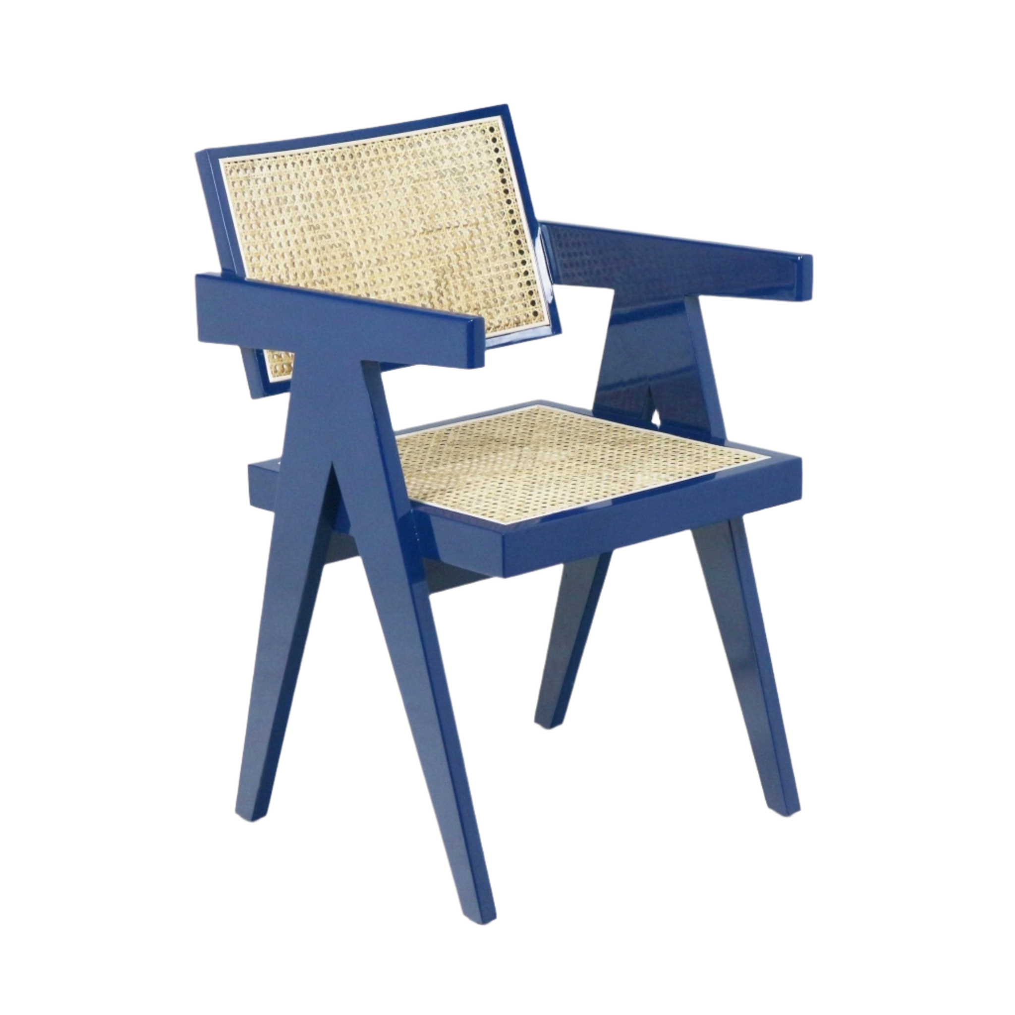 Glossy blue solid-wood dining chair with an angular mid-century modern frame, integrated armrests and natural woven cane seat and back.