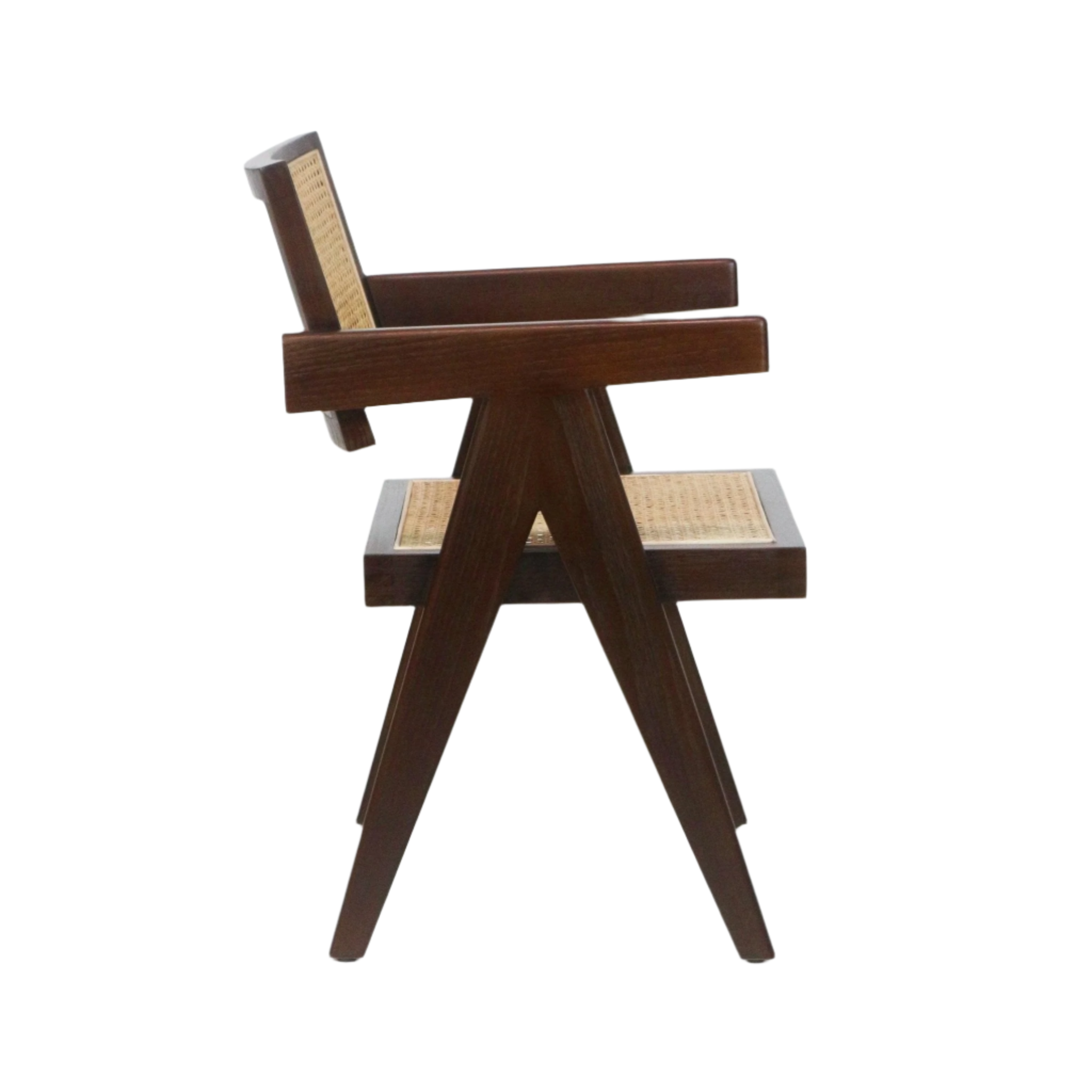 Side profile of a mid-century modern walnut dining chair with solid wood frame, woven cane seat and back, angular A-frame legs and flat wooden armrests on a white background.