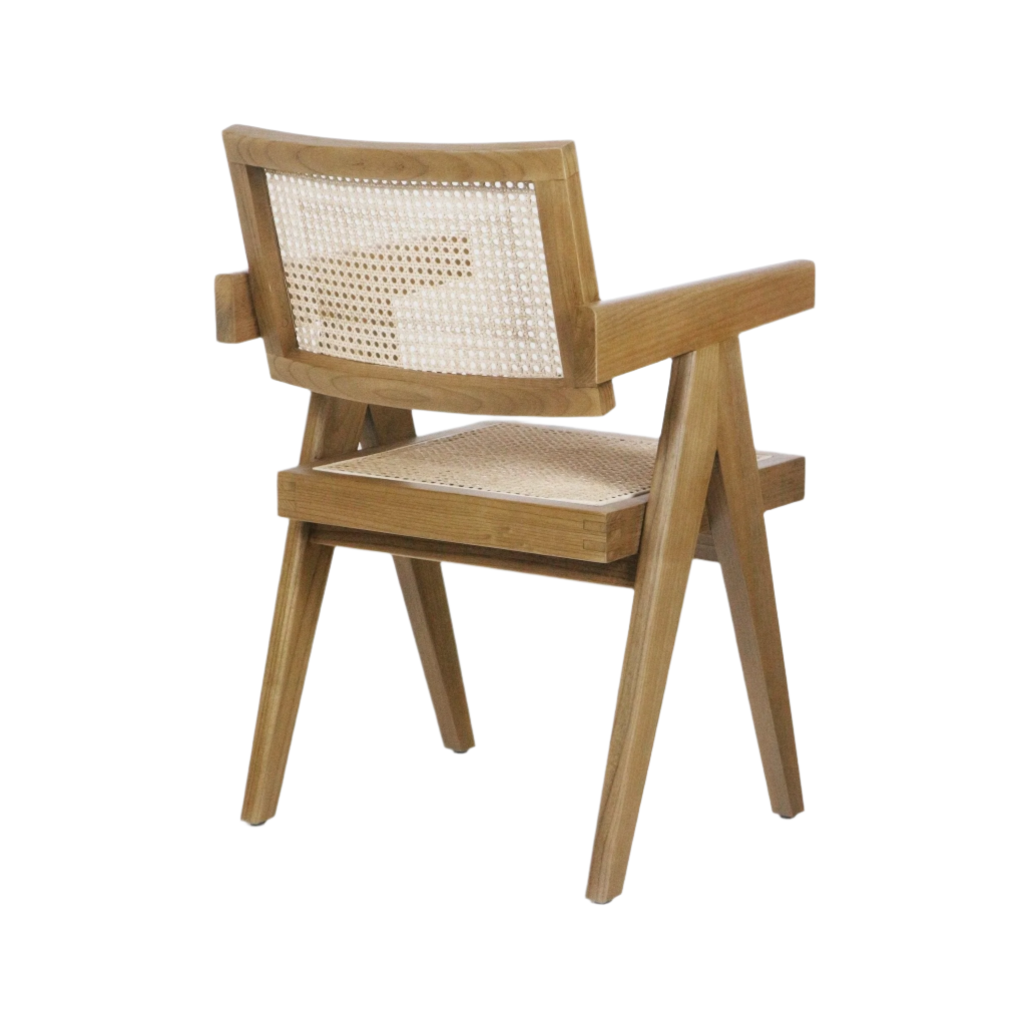 Modern mid-century dining chair in natural teak with woven cane seat and back, solid wood angular frame and straight armrests in a light blonde finish.