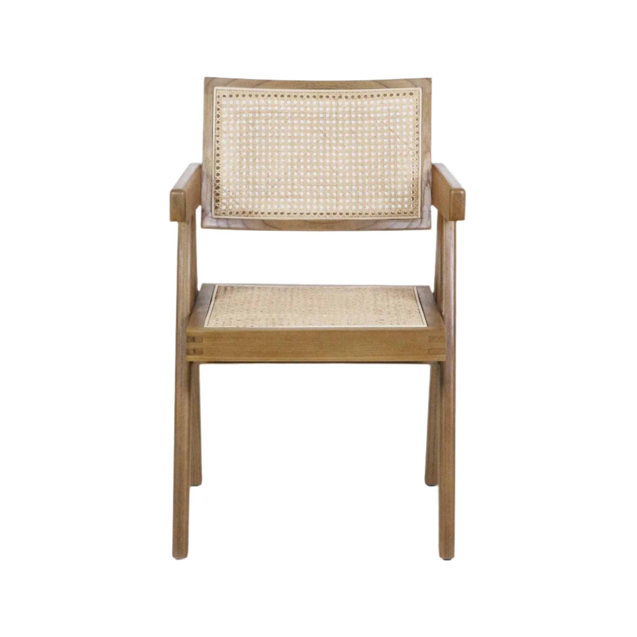 Front-facing mid-century modern dining chair in natural teak with a cane-woven back and seat, solid wood frame and squared arms shown on a white background.
