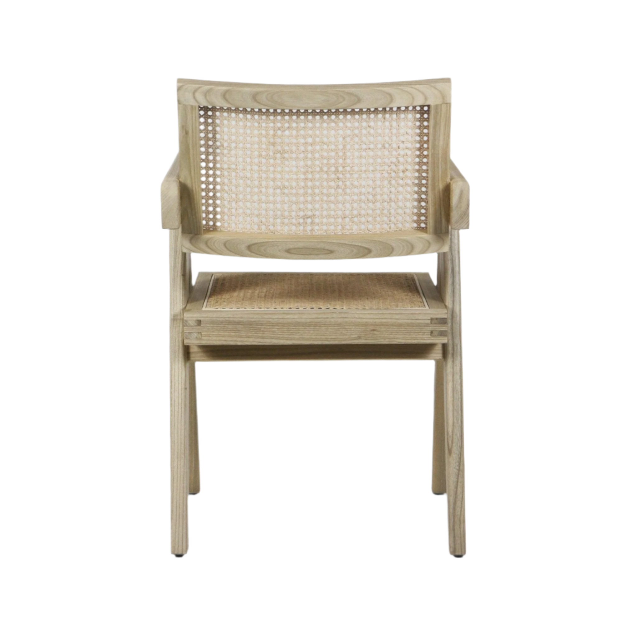 Front view of a mid-century modern dining chair with a natural wood frame, woven cane back and seat, short armrests and tapered legs on a white background.