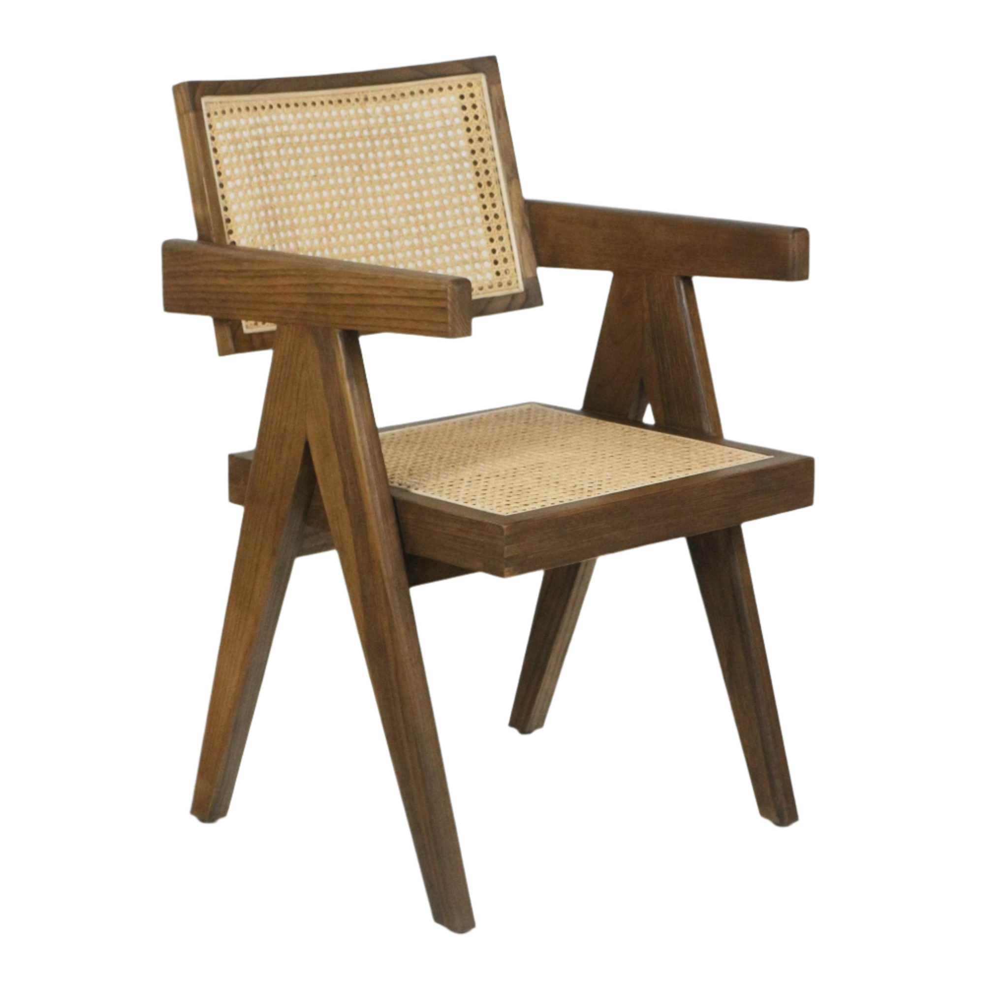 Mid-century modern teak dining chair with warm teak-finished solid wood frame, woven natural cane seat and back, boxy armrests and angled A-frame legs.