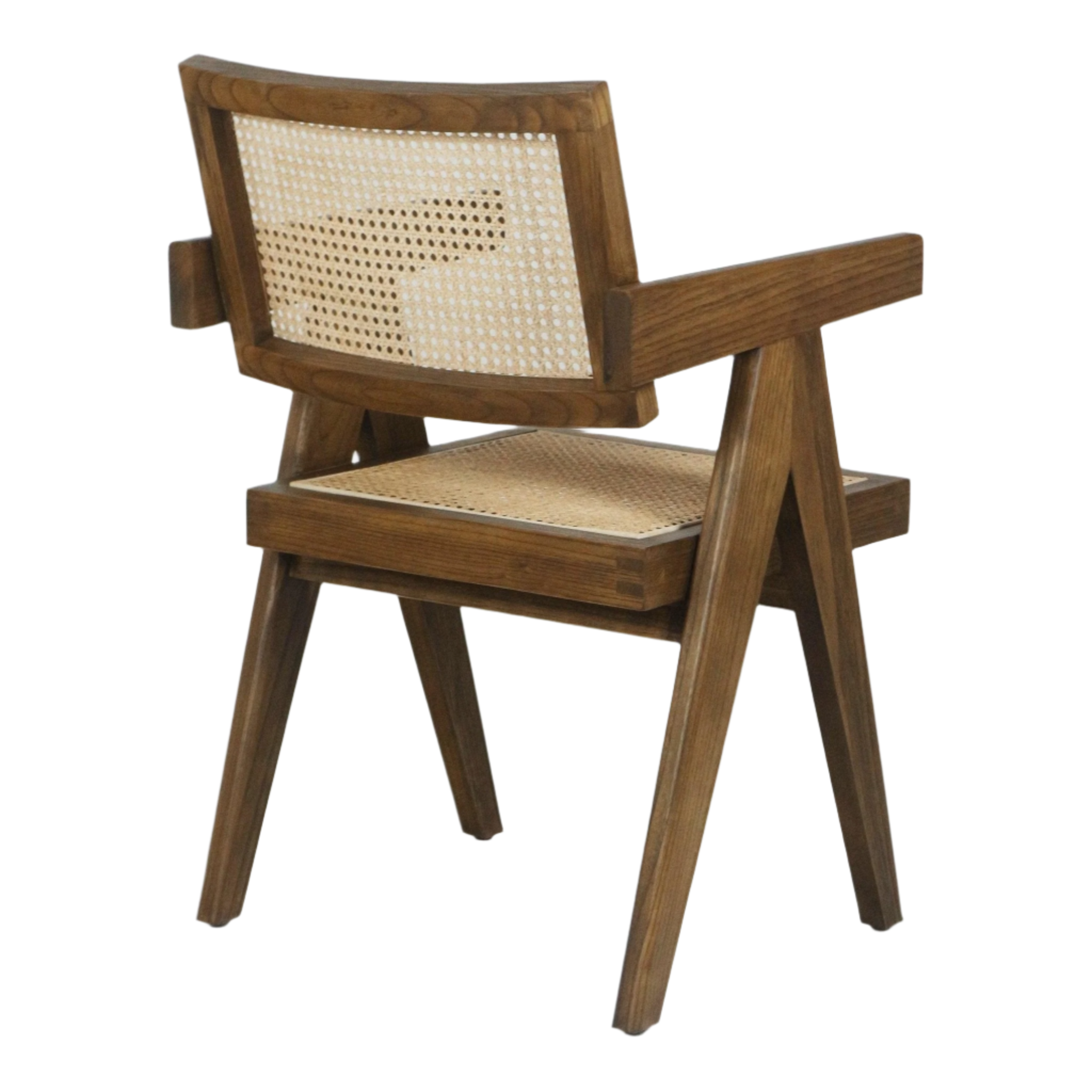Rear three-quarter view of a mid-century modern dining chair with a solid teak frame, angled legs and wooden arms, featuring a woven Vienna cane seat and cane back in a warm natural teak finish.